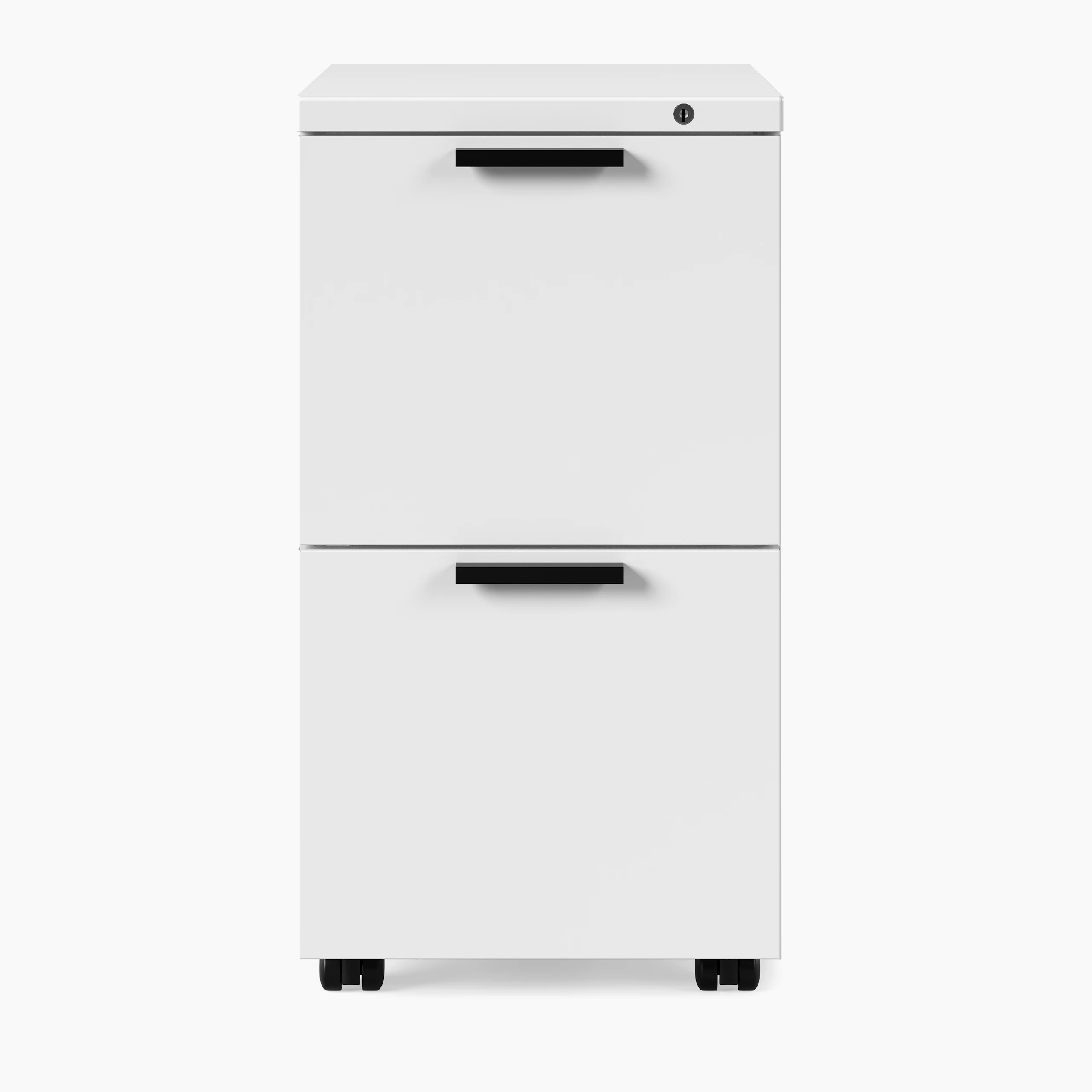 White Series 2 mobile pedestal storage with black pulls and casters, viewed from the front.