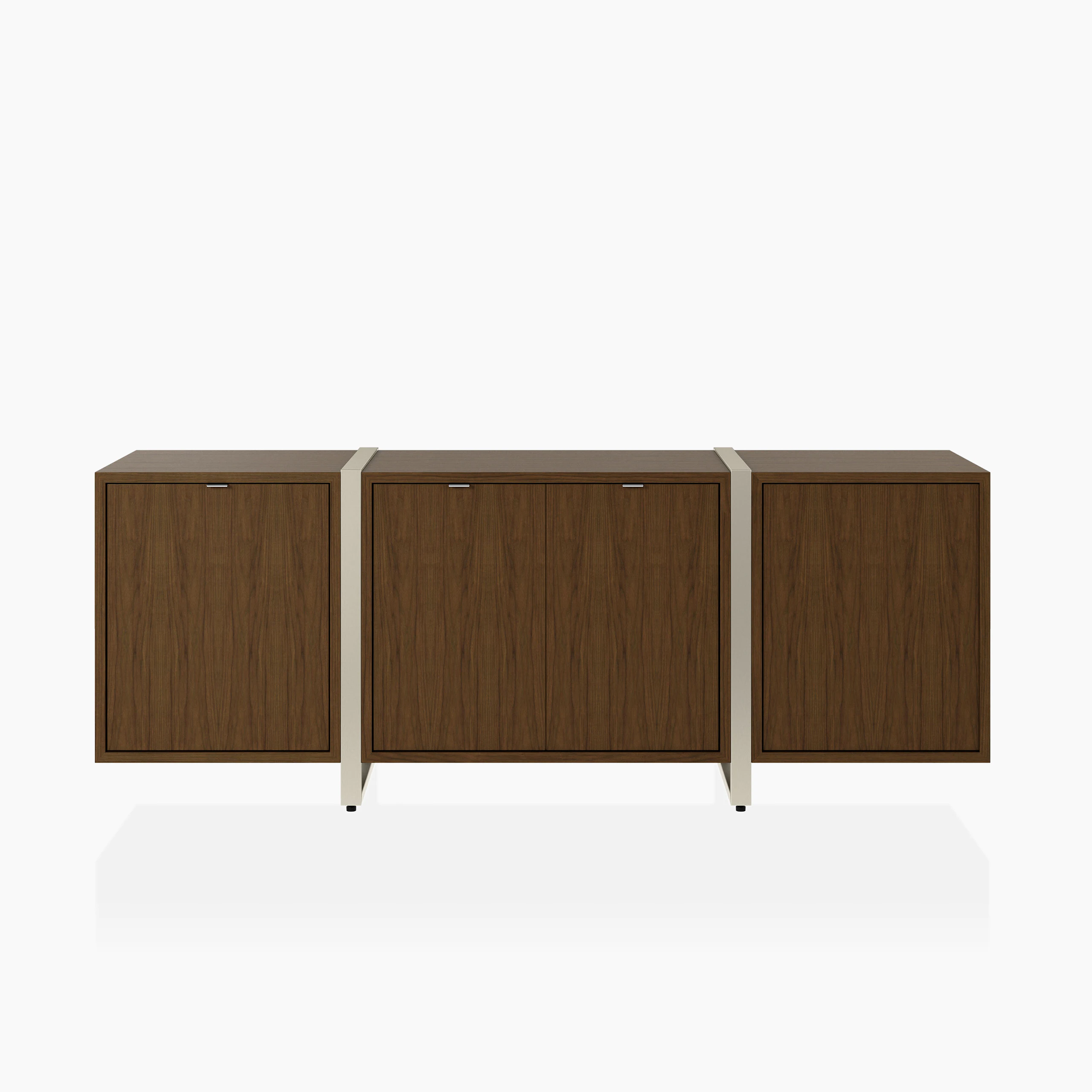 Highline Credenza in Natural Flat Cut Walnut with Satin Nickel Legs viewed from the front.
