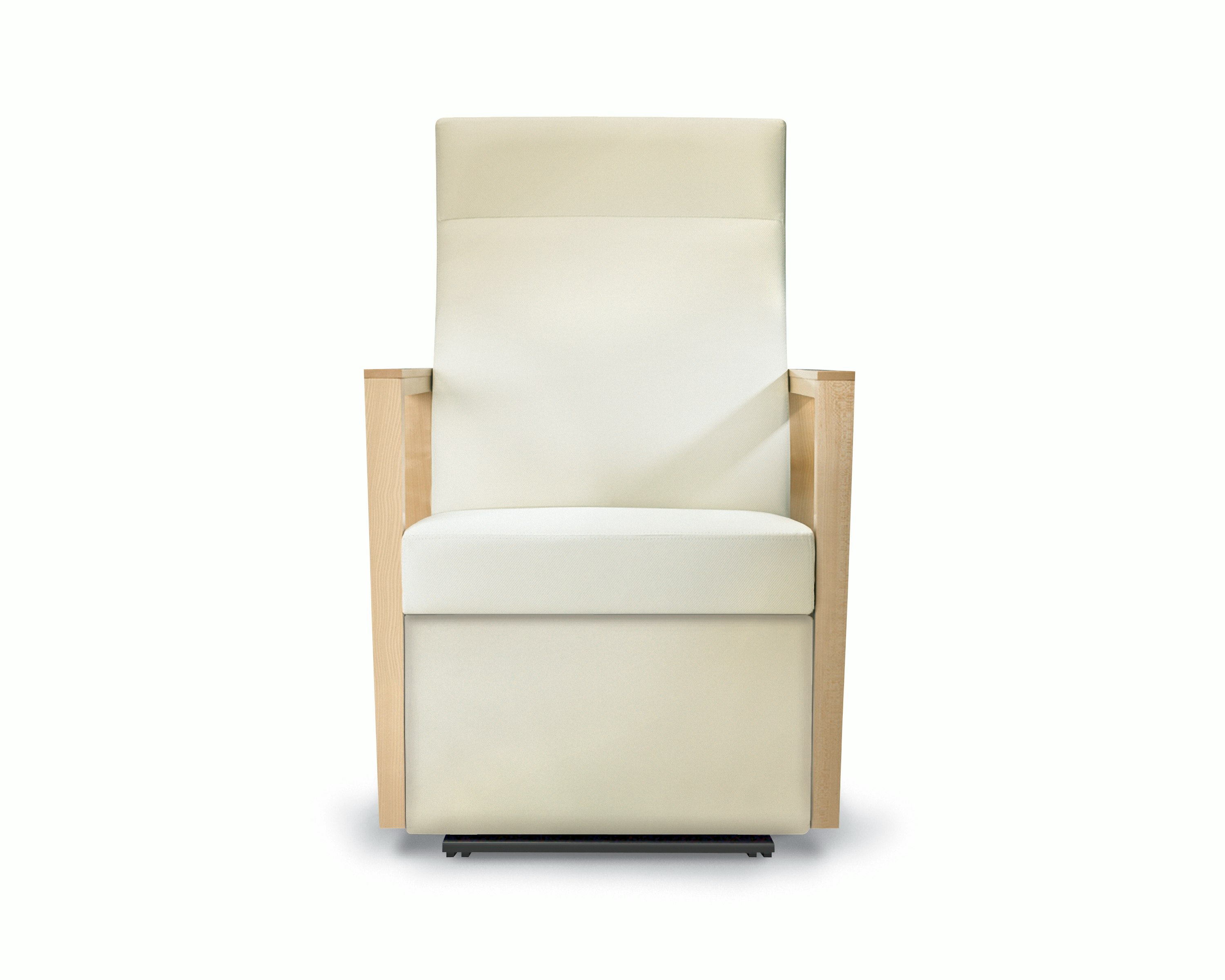 A front view of a Brava Glider with high back in white textile with open maple wood arms.