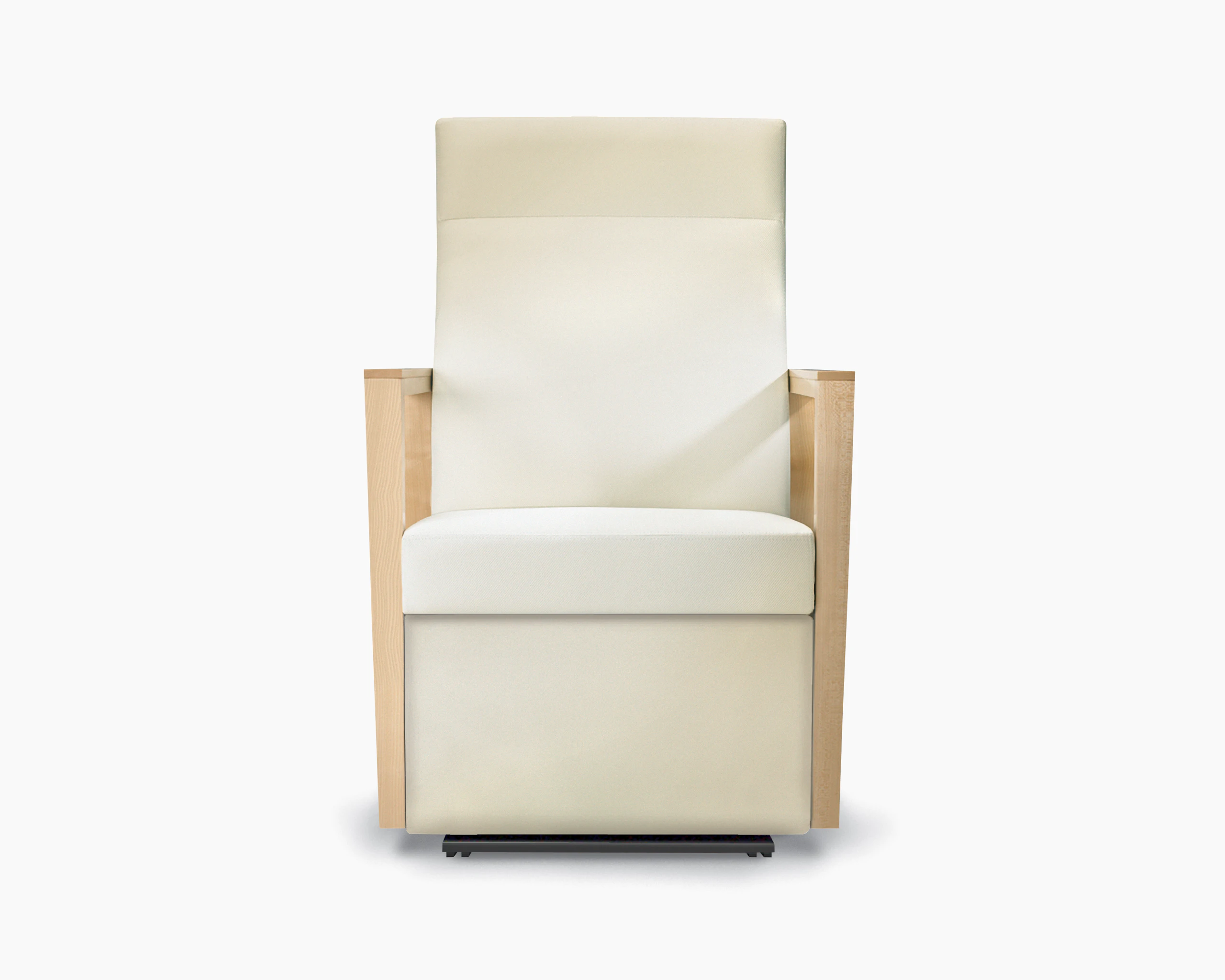 A front view of a Brava Glider with high back in white textile with open maple wood arms.