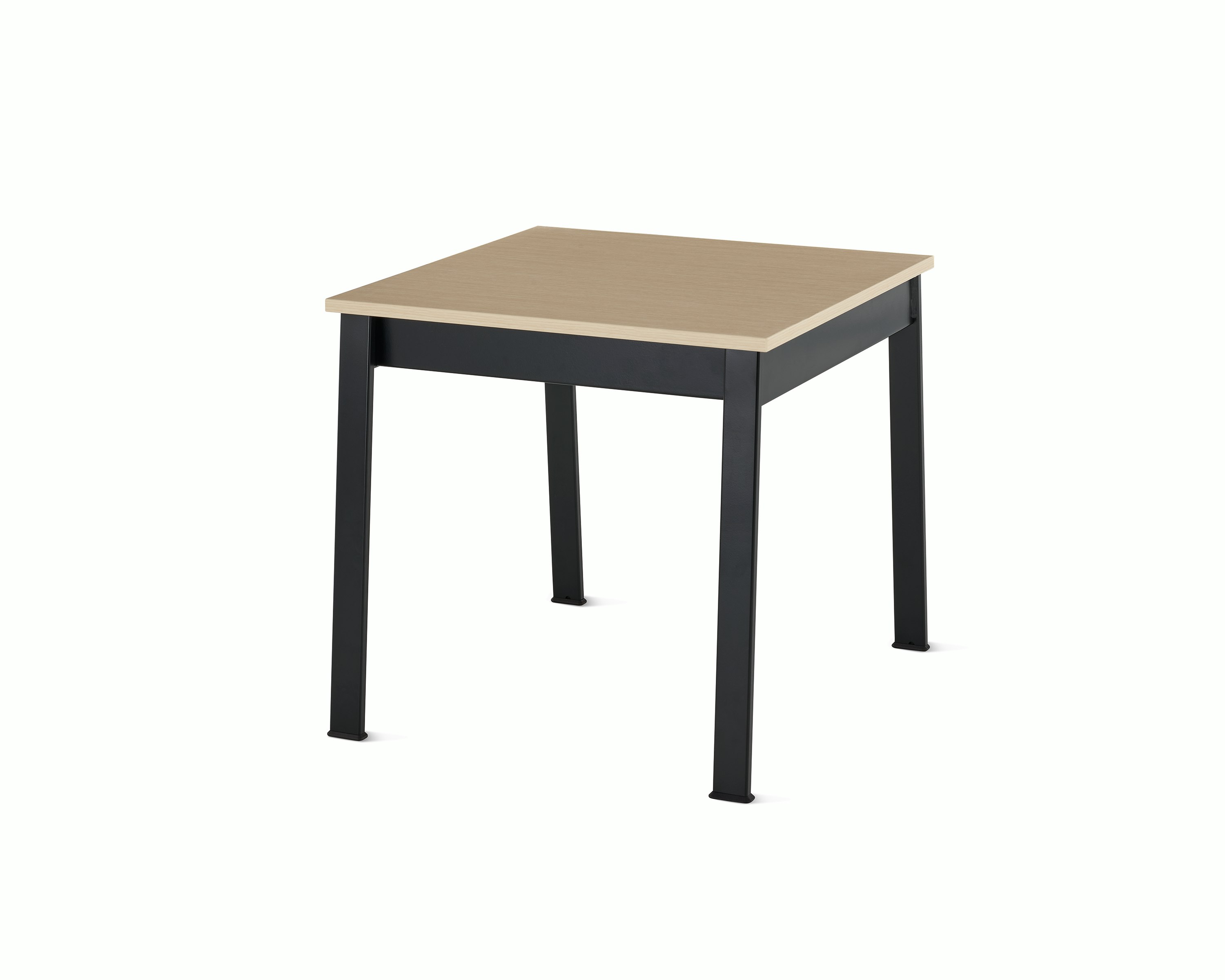 Angled view of an Easton Side Table with a clear on ash laminate top and black legs.