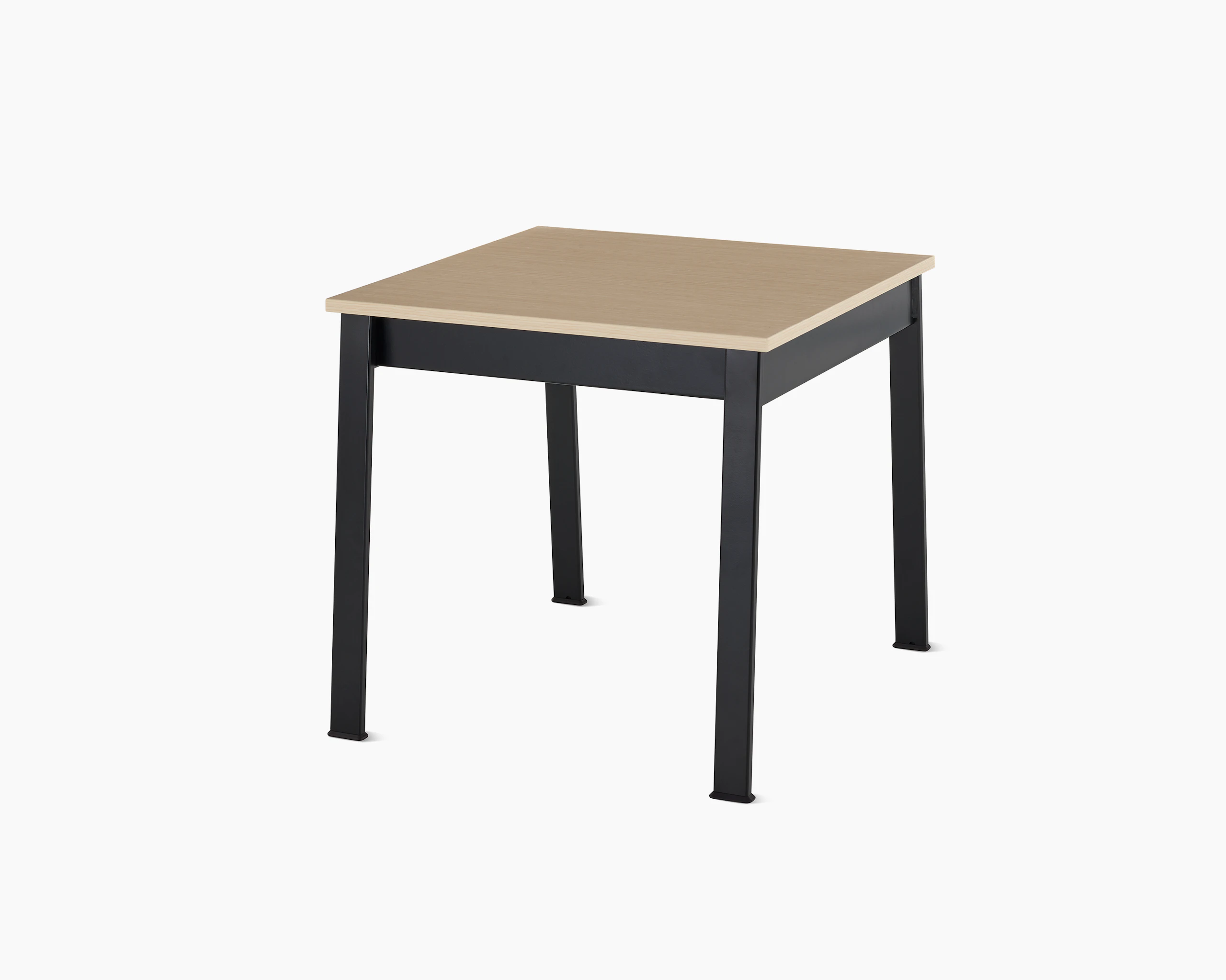 Angled view of an Easton Side Table with a clear on ash laminate top and black legs.