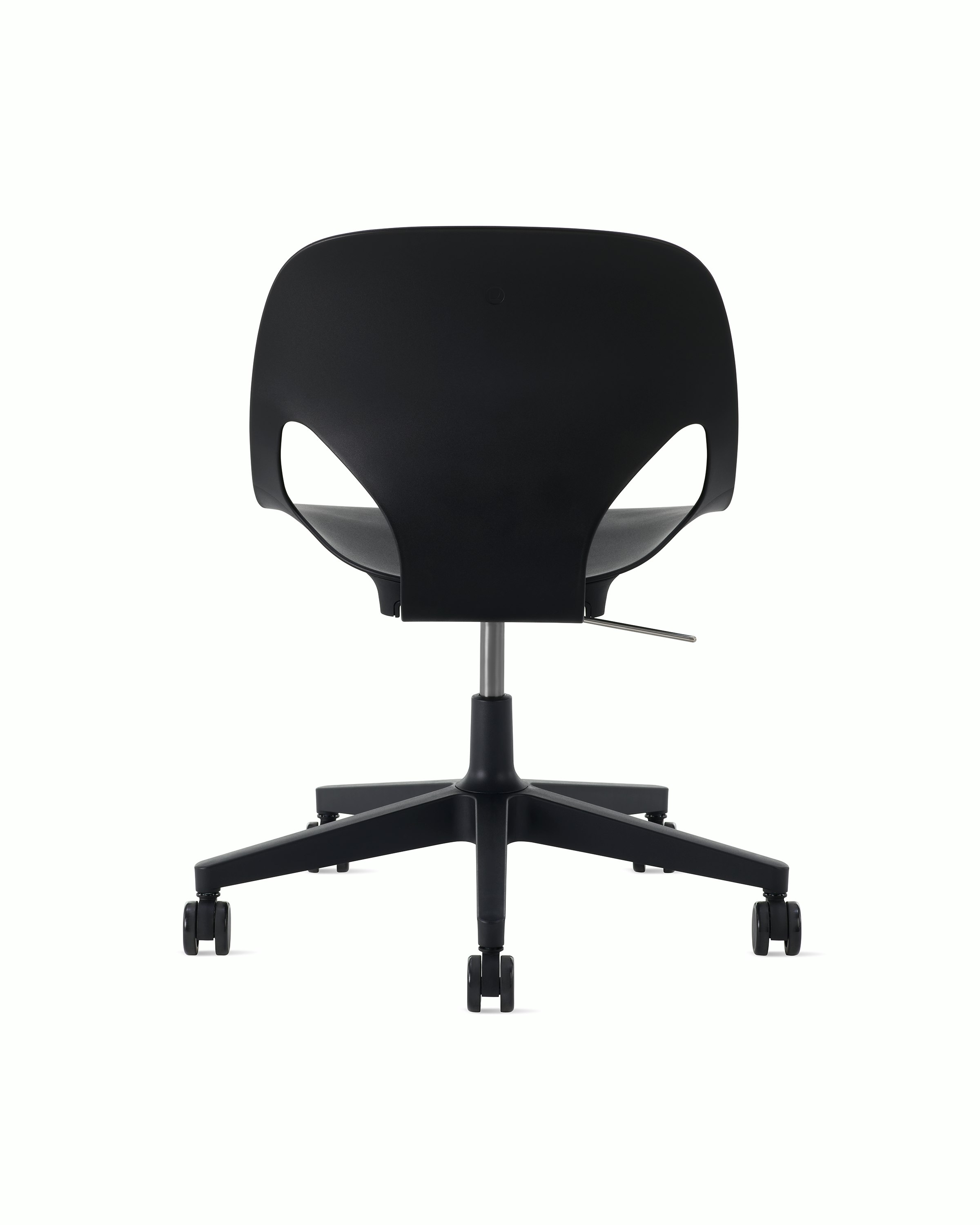 Rear view of a black armless Zeph chair.