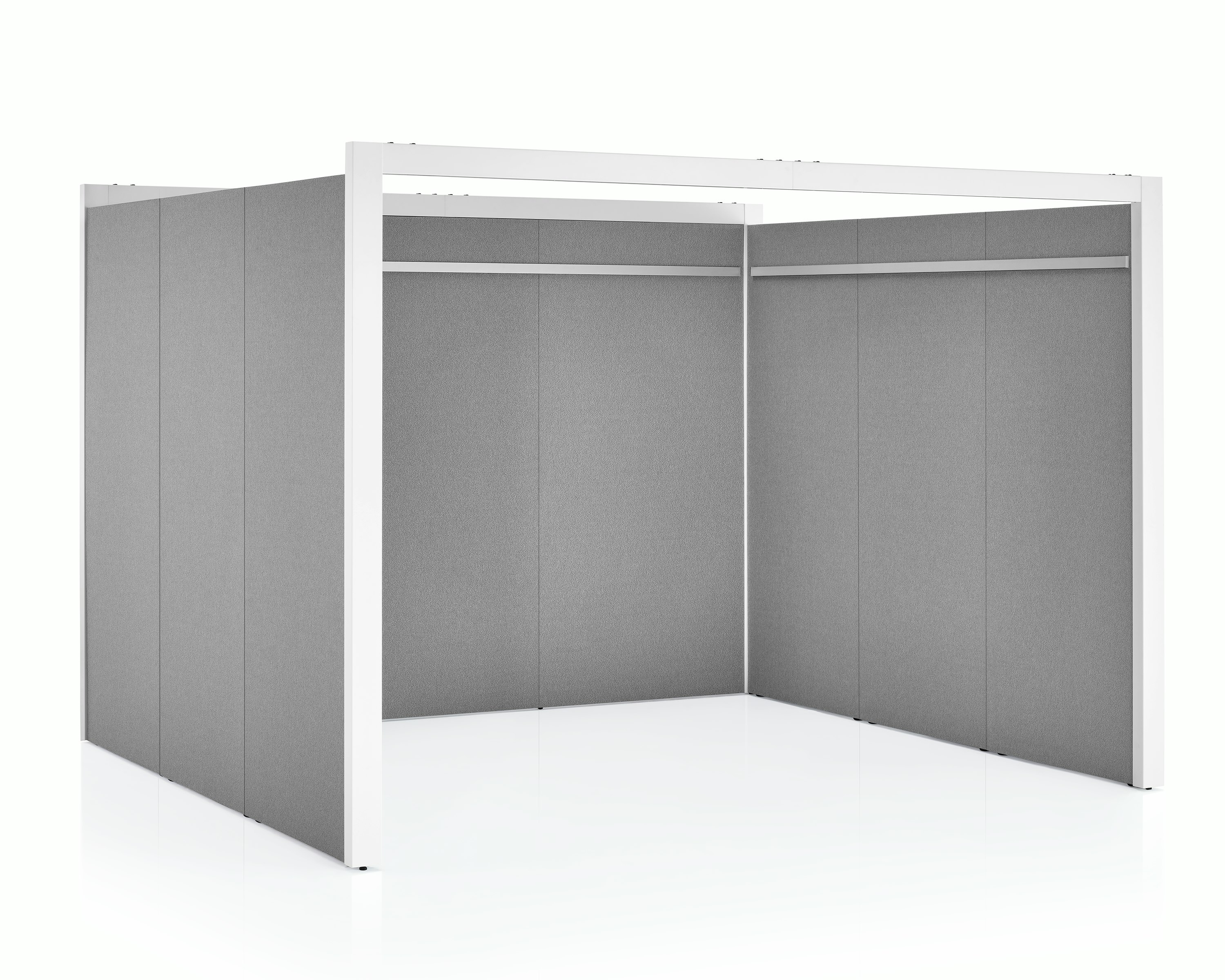 A three-sided Overlay space with tackable gray fabric on the interior and exterior walls. The Overlay structure is white.