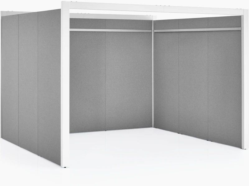 A three-sided Overlay space with tackable gray fabric on the interior and exterior walls. The Overlay structure is white.