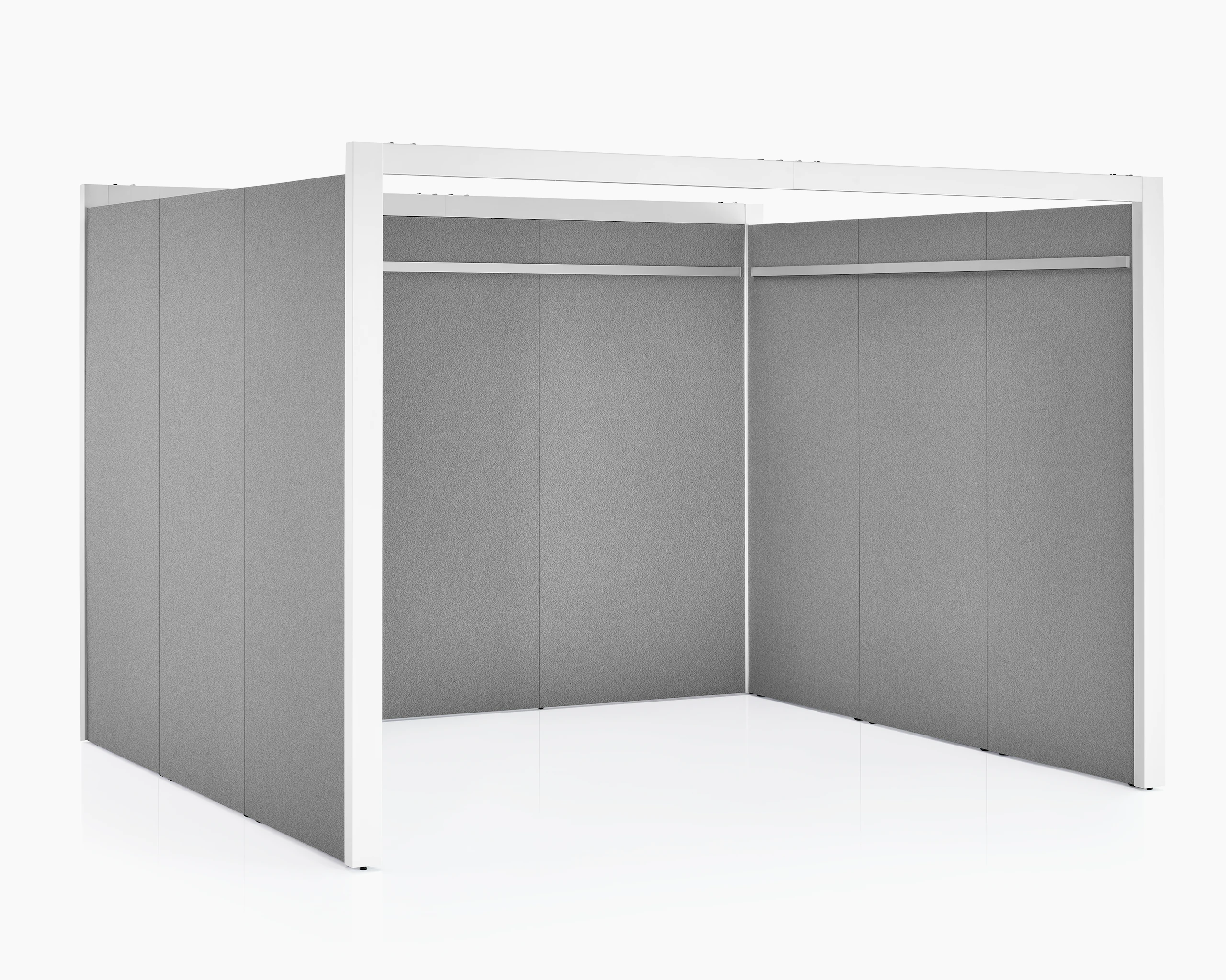 A three-sided Overlay space with tackable gray fabric on the interior and exterior walls. The Overlay structure is white.