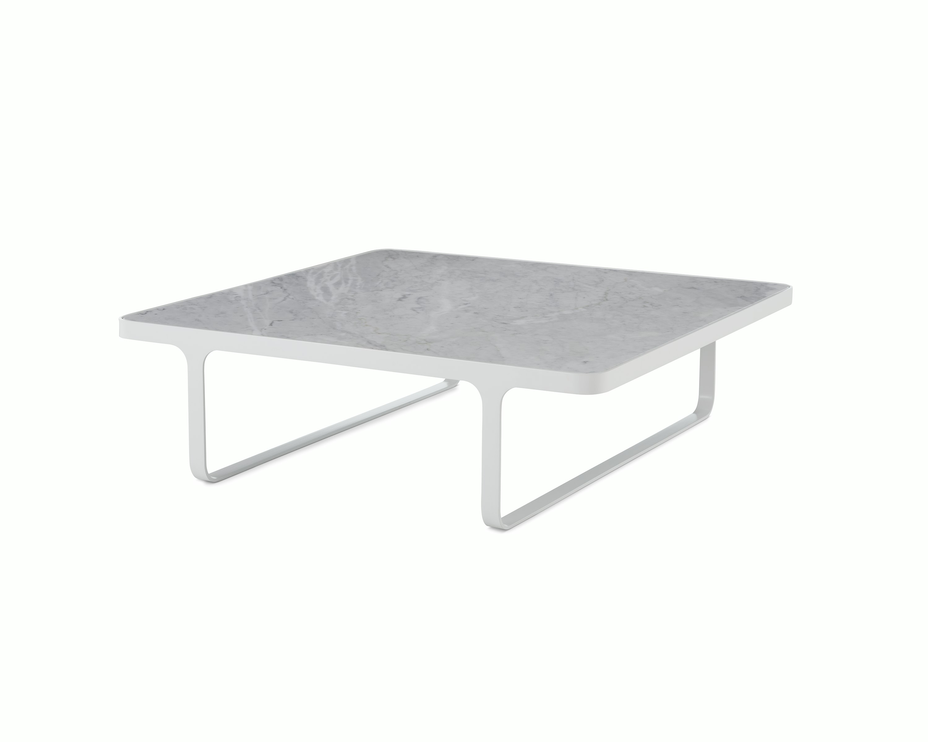 White sweep shot of white Trace Square Coffee Table with marble top.