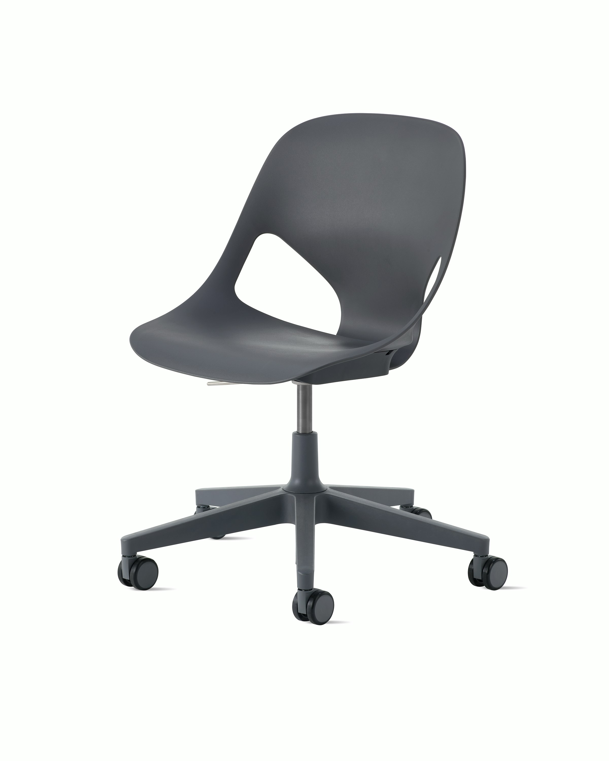 Front angle view of a dark grey armless Zeph chair.