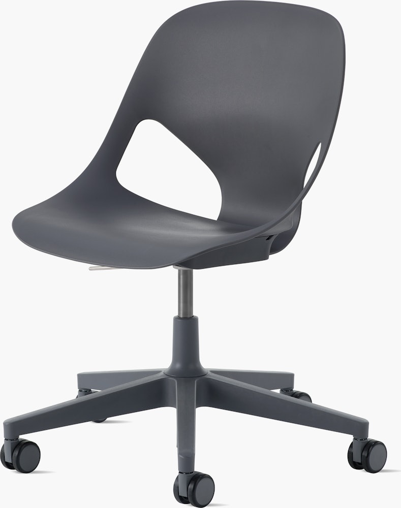 Front angle view of a dark grey armless Zeph chair.
