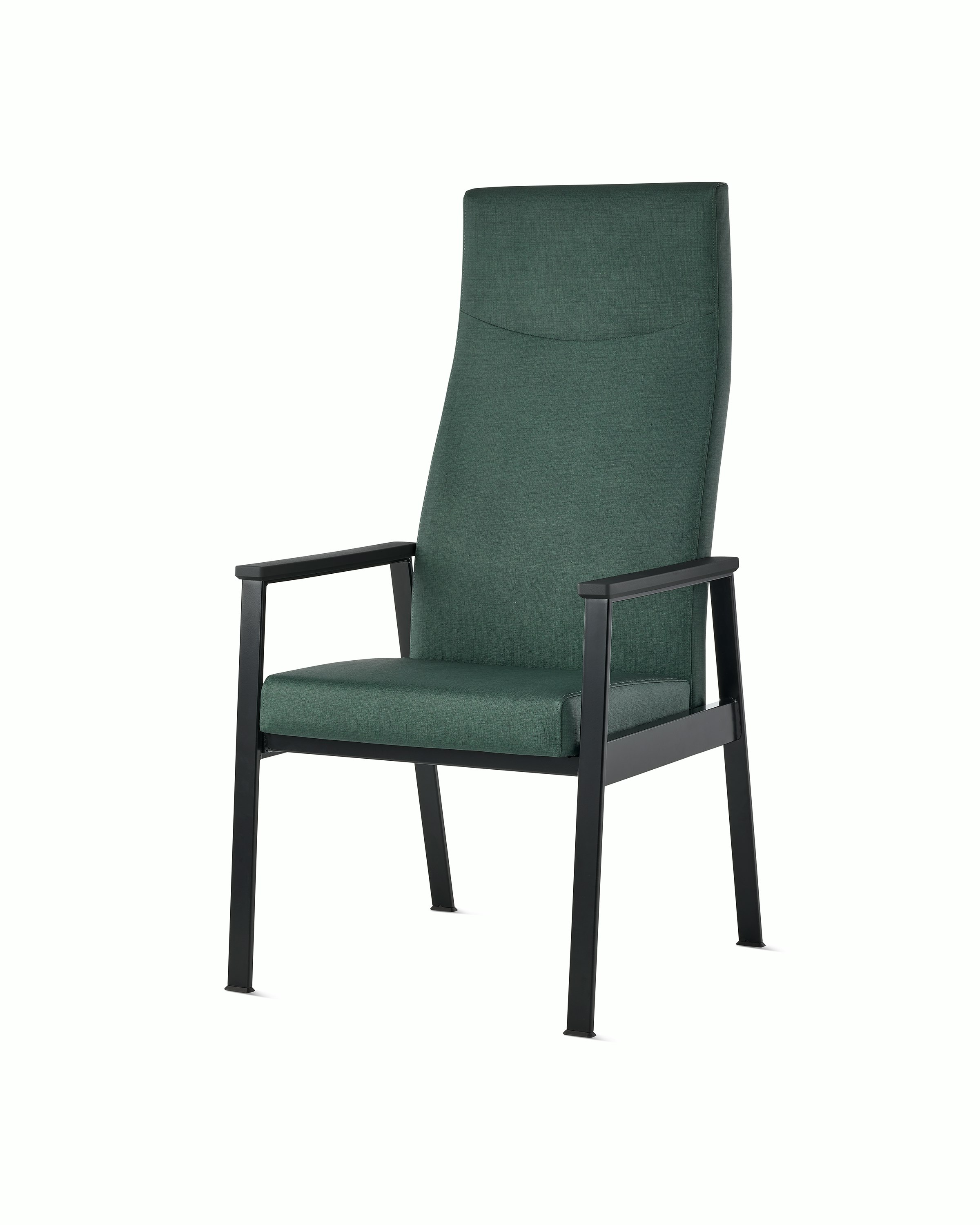 Front angle view of an Easton Patient Chair with green upholstery, black four leg base and black arm caps.
