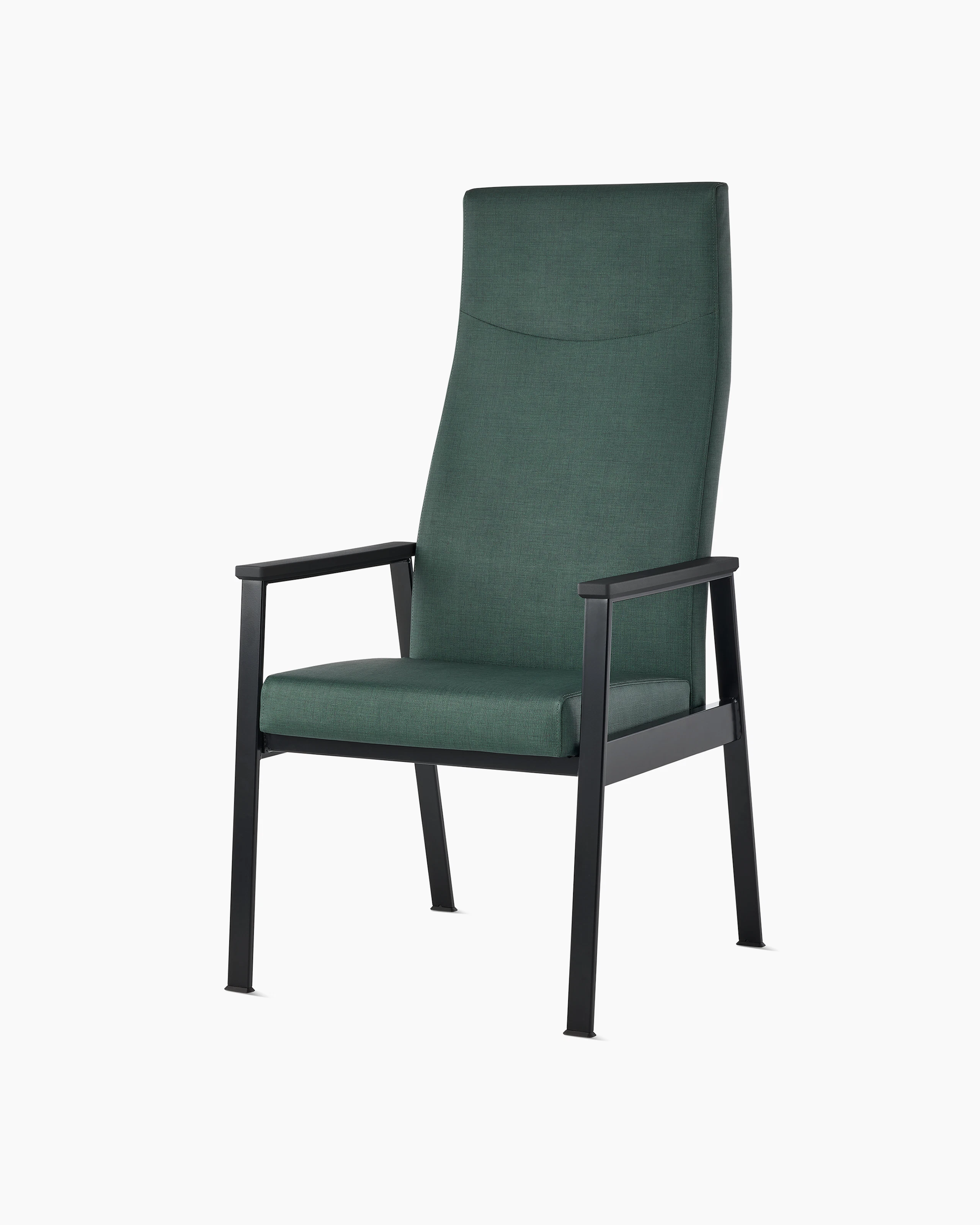 Front angle view of an Easton Patient Chair with green upholstery, black four leg base and black arm caps.