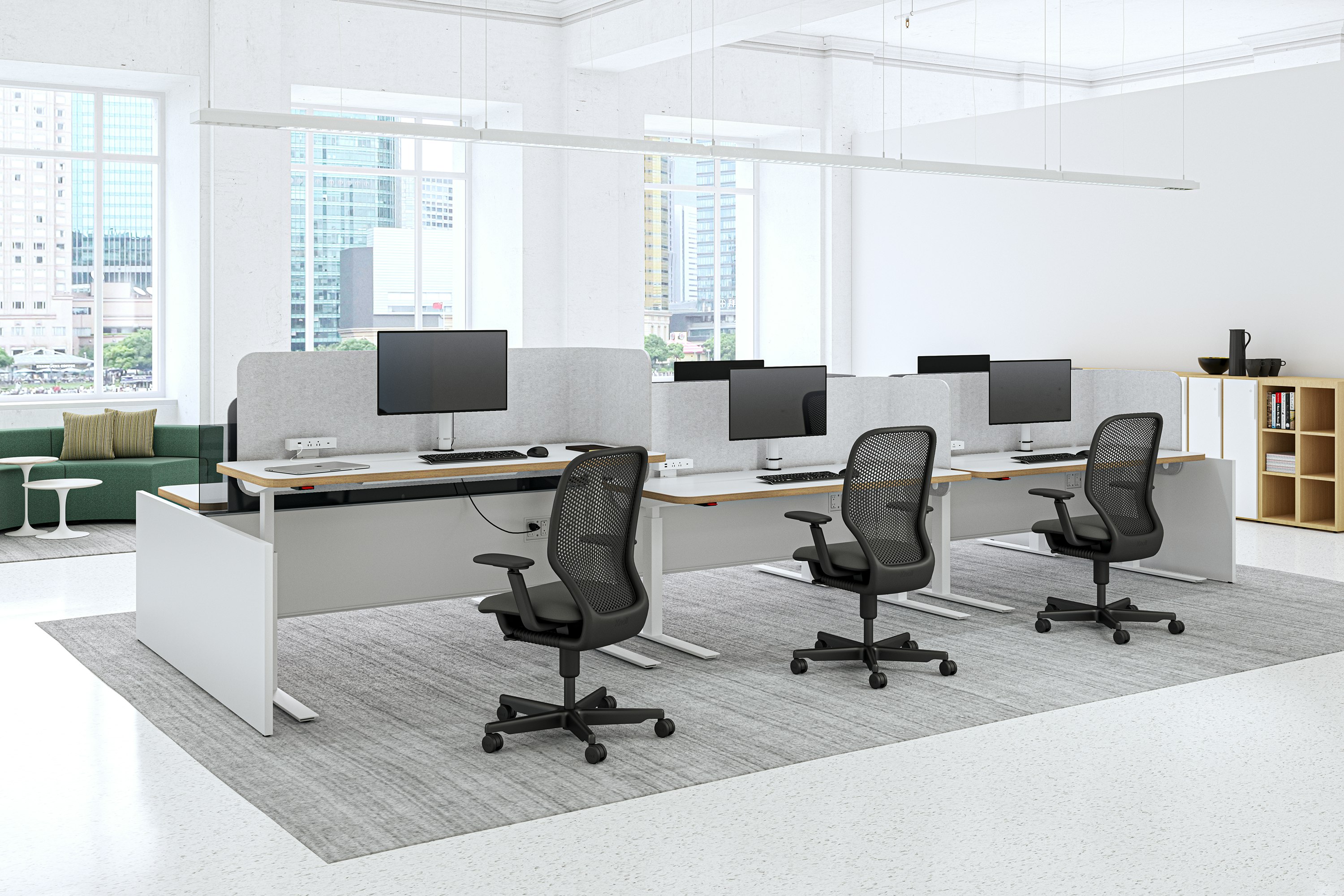 A workspace view featuring Dividends Horizon Elevated Spine Technology Spines HAT with Newson Chairs.