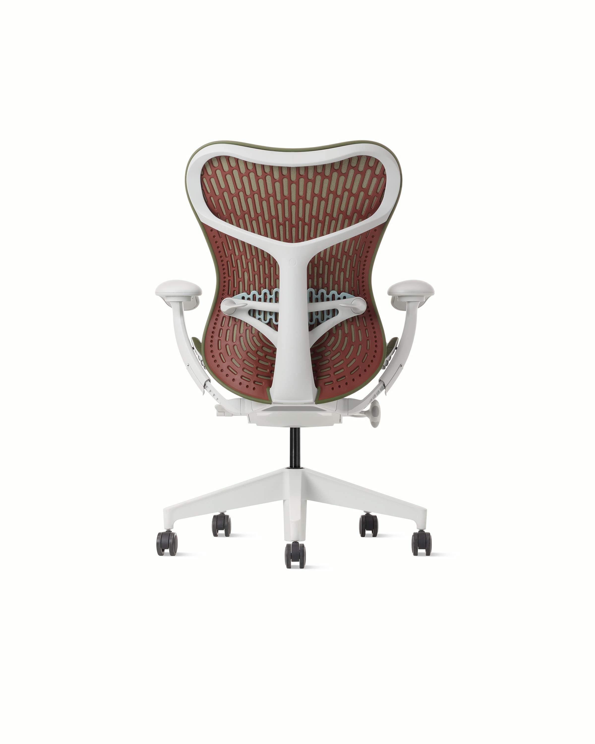 Rear view of a Mirra 2 chair with a Butterfly back in olive color-block and alpine frame.