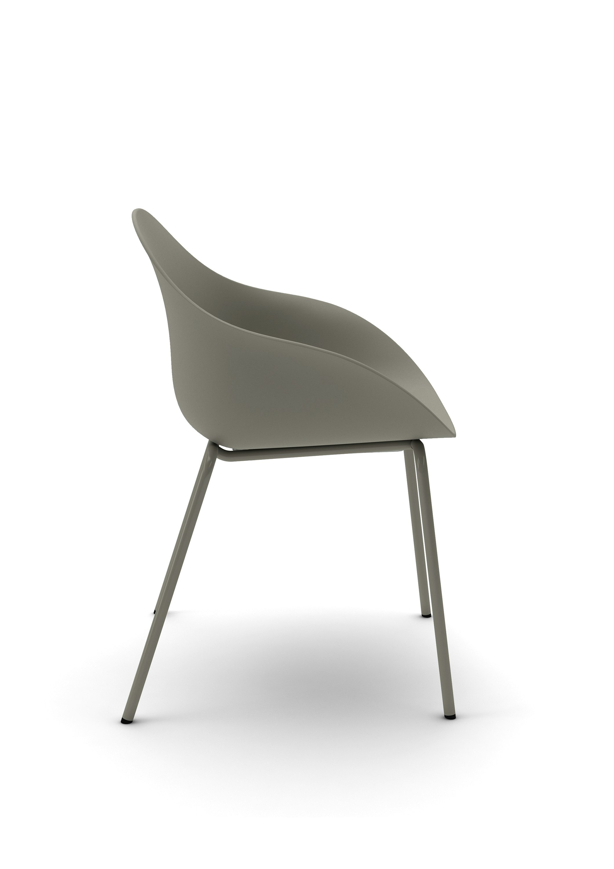 White sweep view of grey polypropylene chair shell on matching 4-leg base.