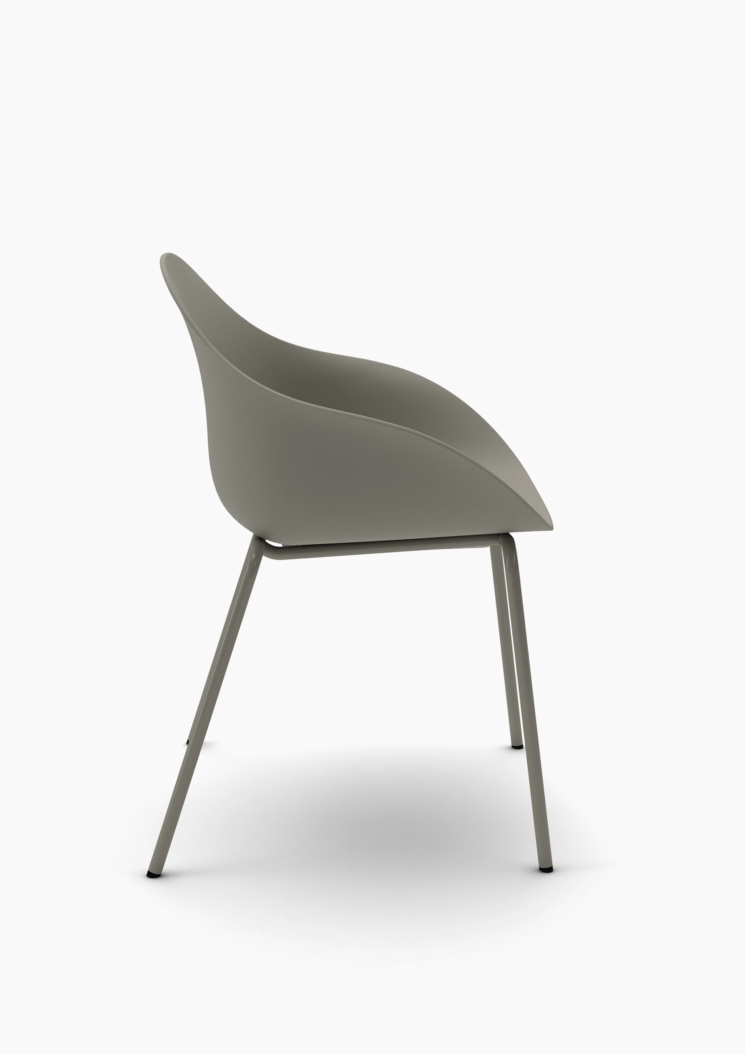 White sweep view of grey polypropylene chair shell on matching 4-leg base.