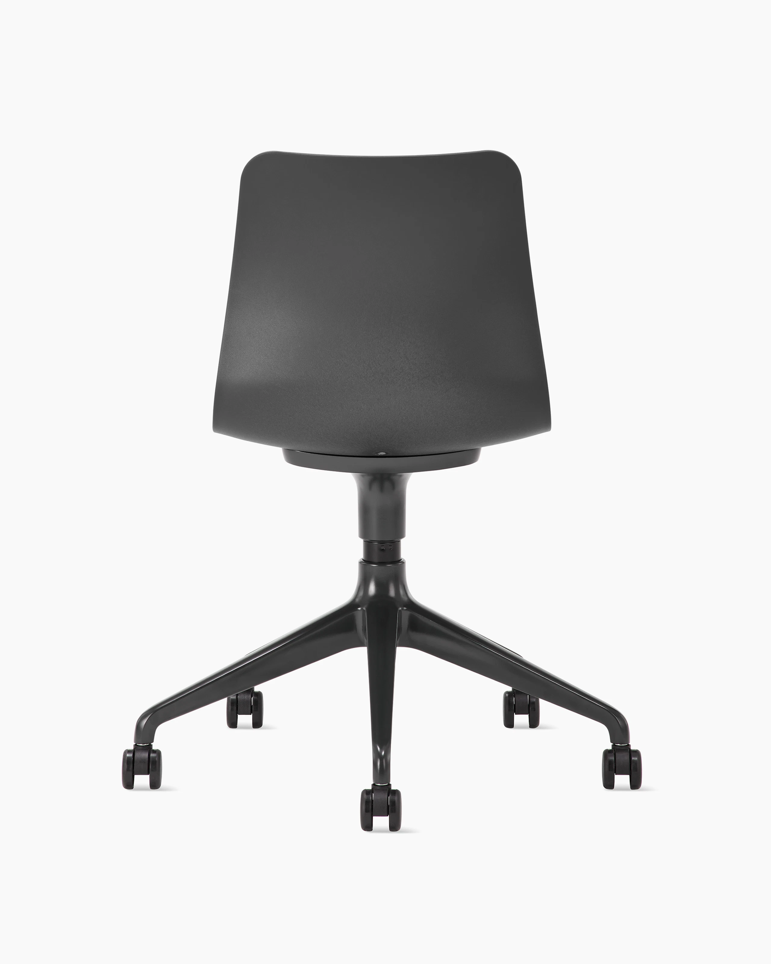 Whitesweep shot of a black grey Polly chair on a black 5 star base.