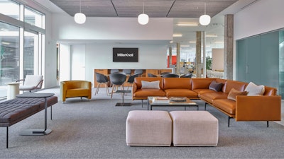 Several furniture arrangements on display at the MillerKnoll Dallas showroom