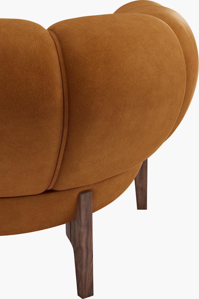 Croissant Sofa in Cuoio Chamois Leather and Oiled Walnut frame