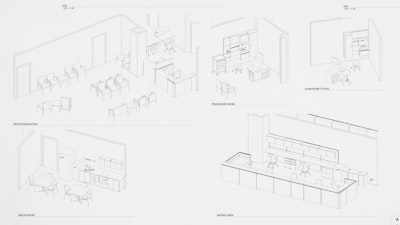 A black and white illustration of room layouts representing planning for resilience in healthcare facilities