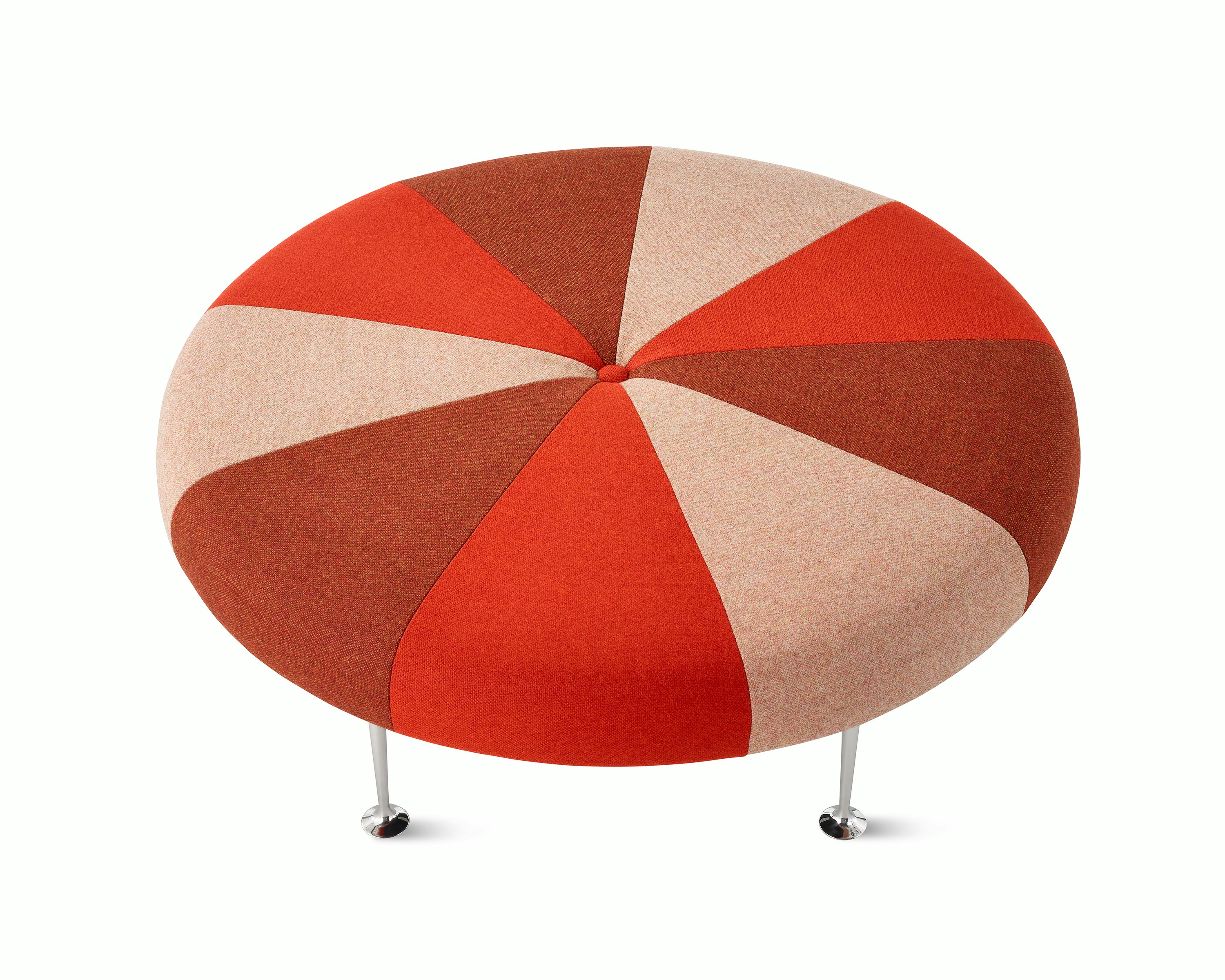 A Girard Color Wheel Ottoman upholstered in red fabrics, viewed from the top.