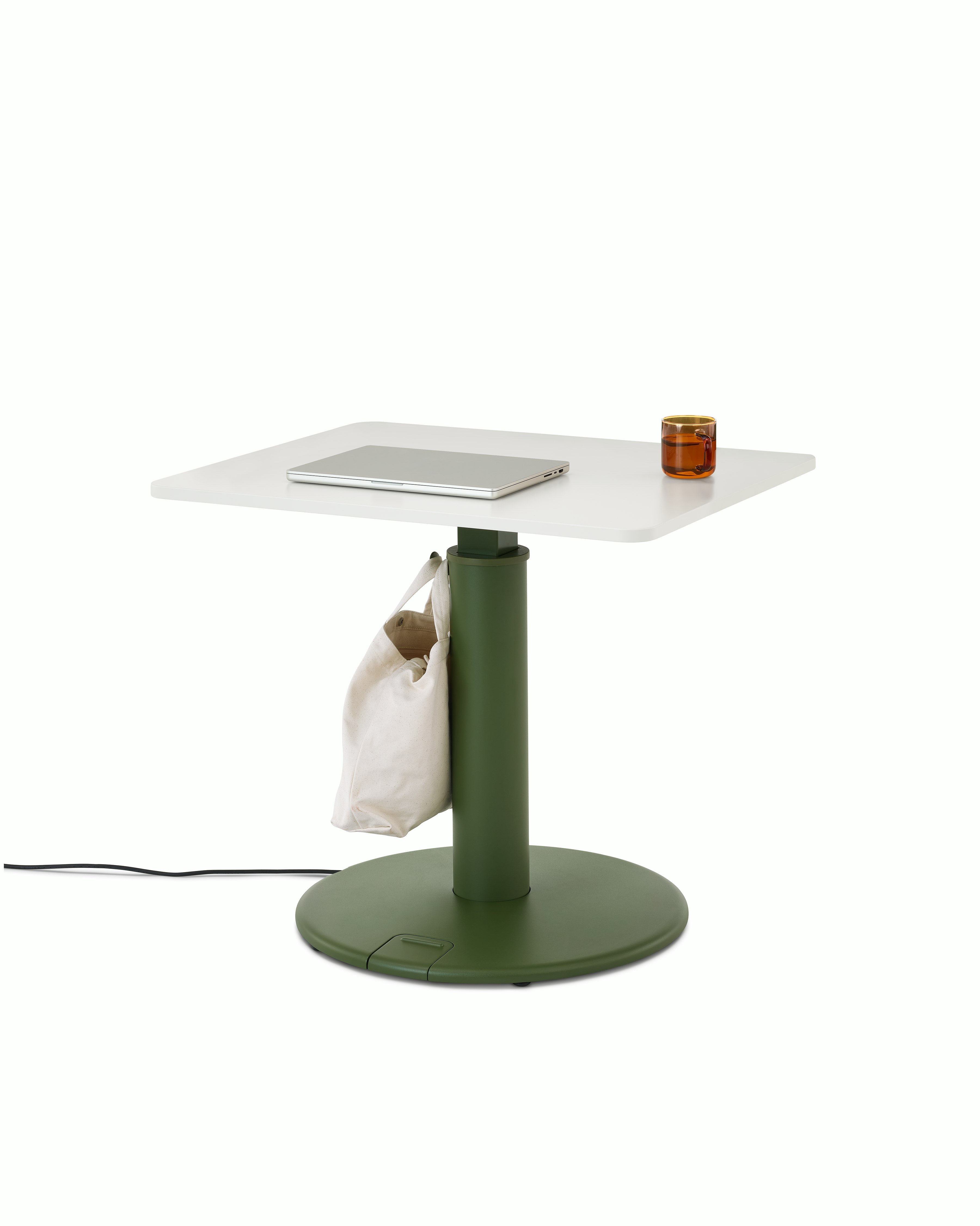 OE1 Sit-to-Stand Table at a standing height with green base and white rectangular surface viewed from a front angle. 