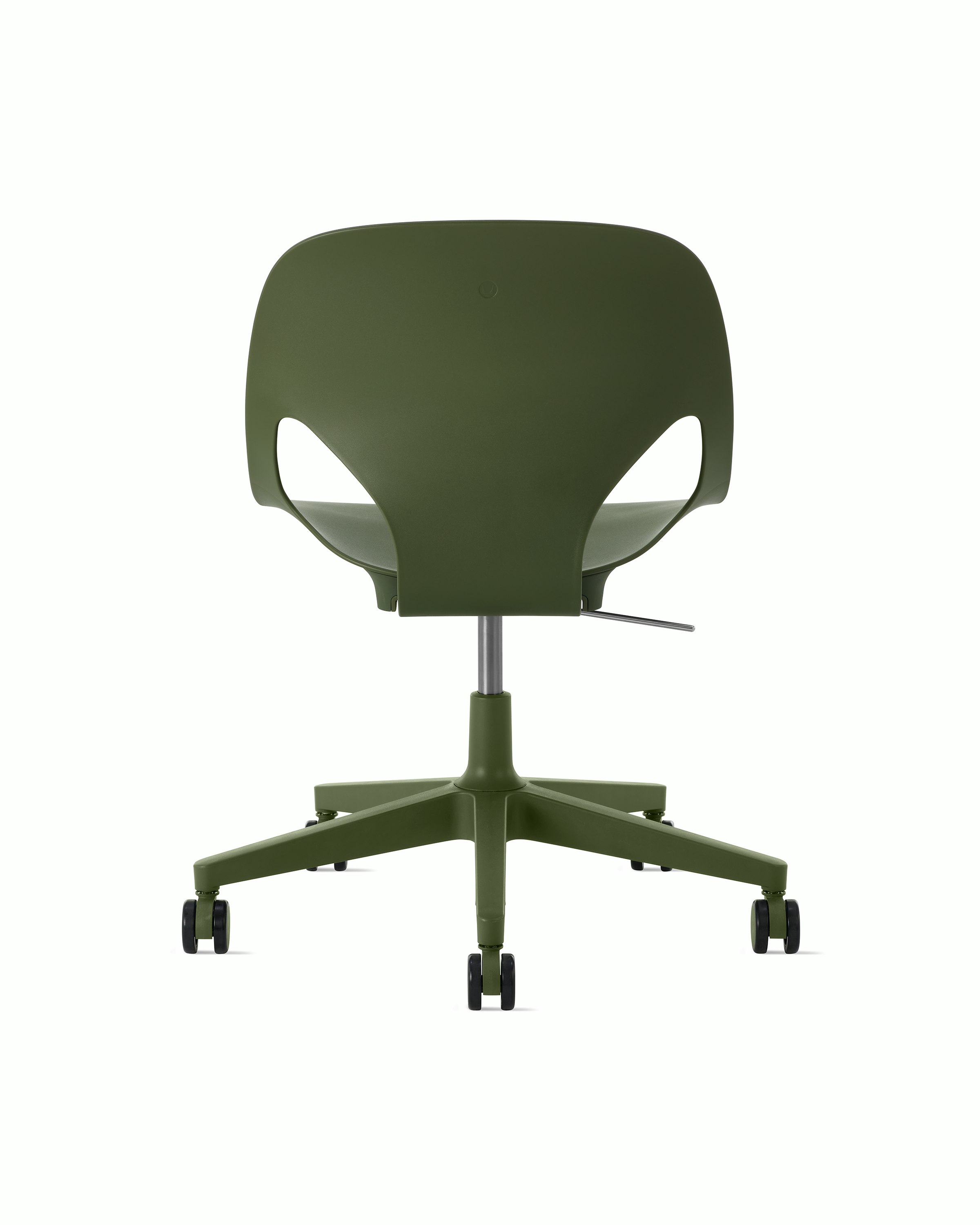 Rear view of an olive armless Zeph chair.