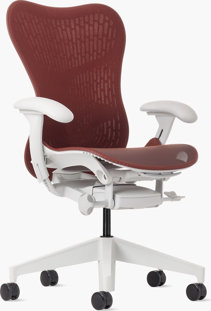 Front angle view of a Mirra 2 chair with a Butterfly back in cordovan and alpine frame.