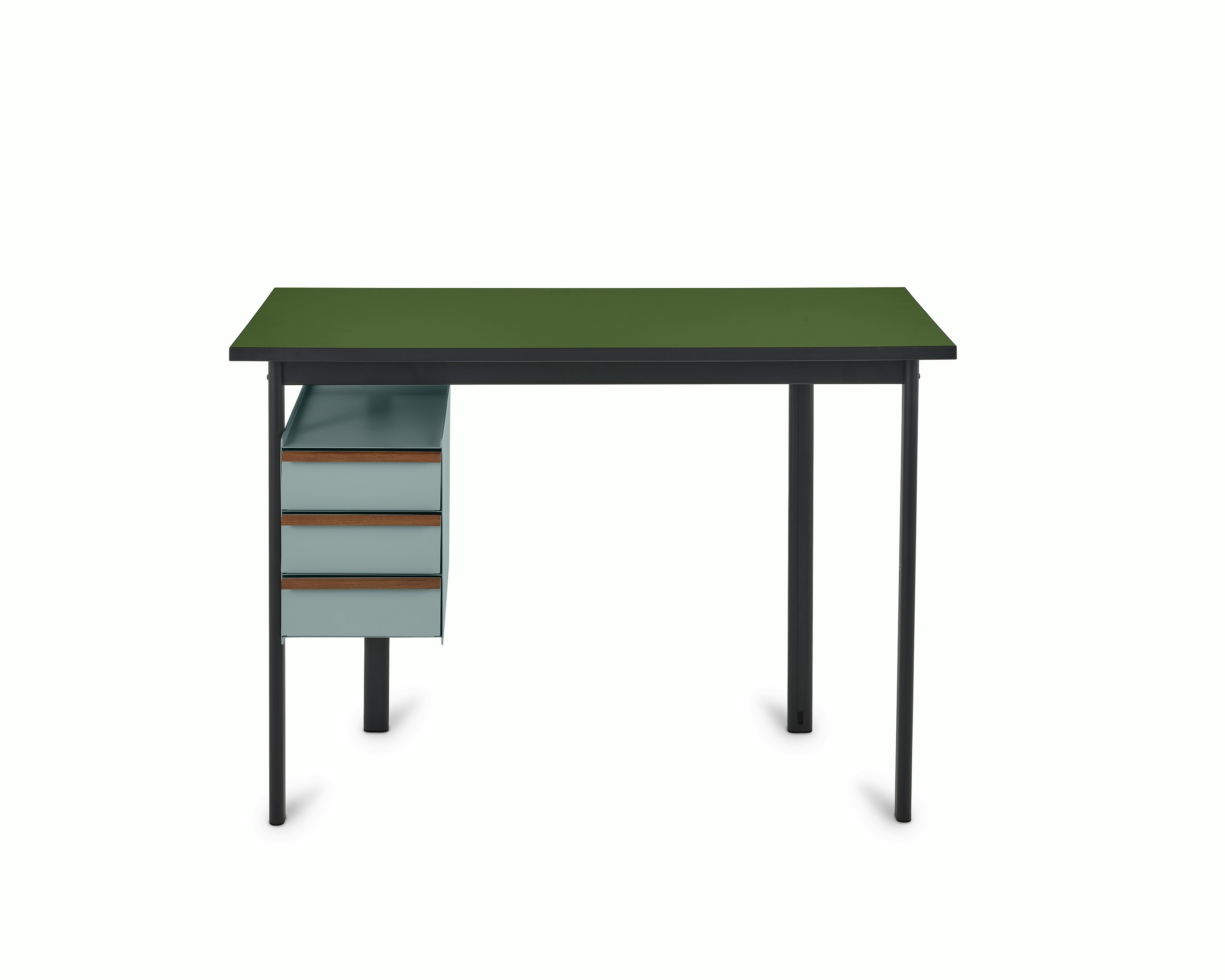 Mode desk in black with pesto top and glacier blue drawers.