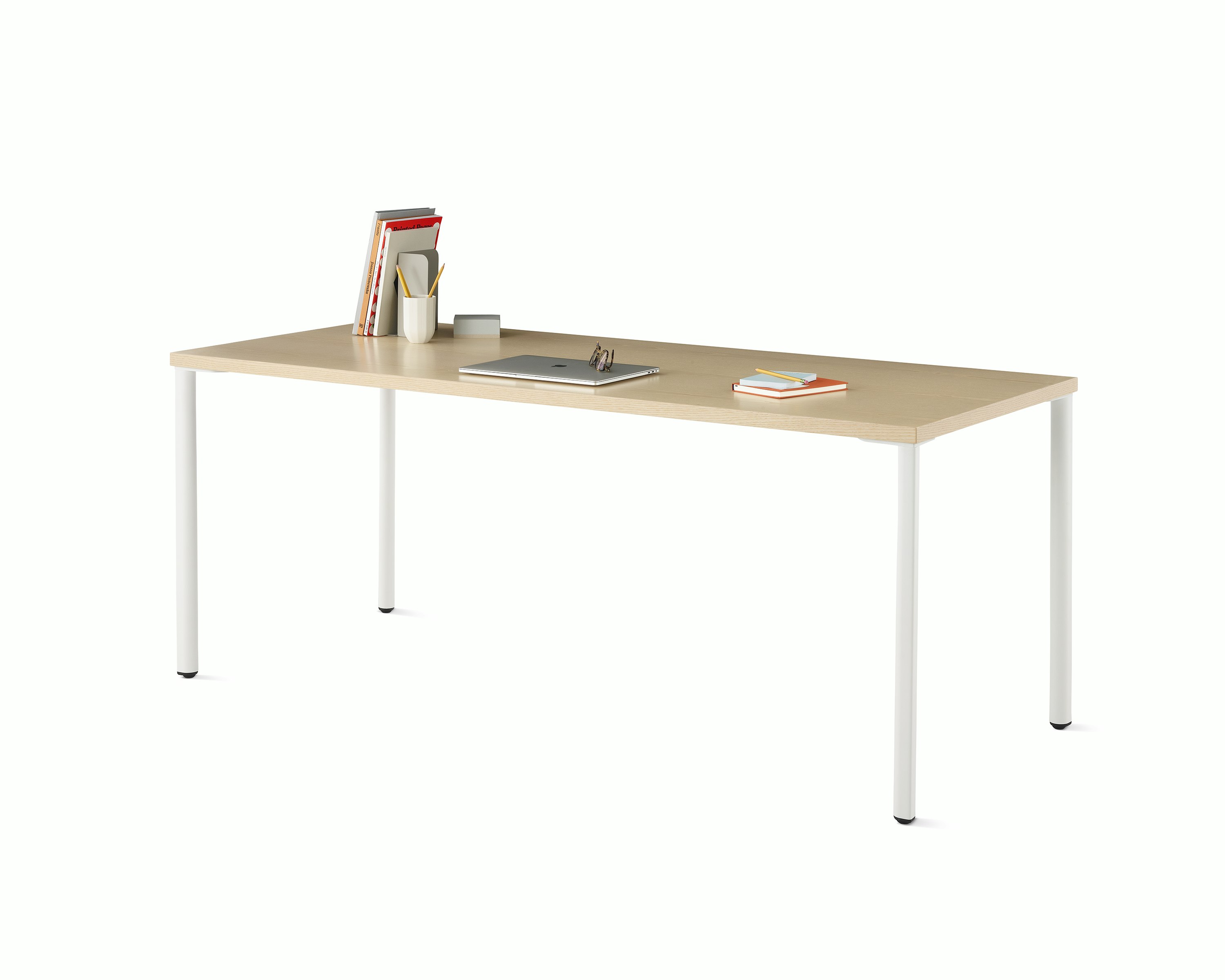 OE1 Rectangular Table with light brown surface and white legs.