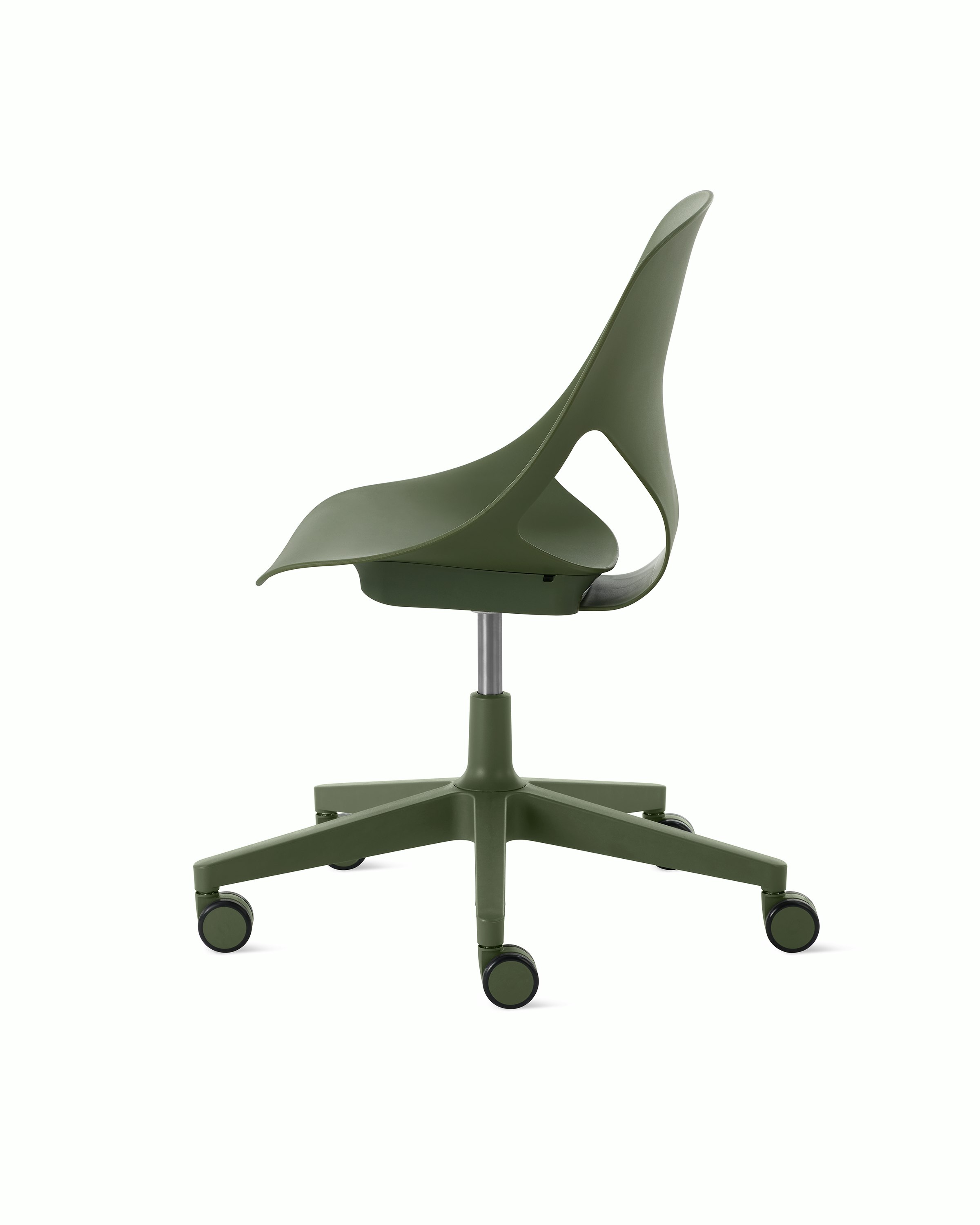 Side view of an olive armless Zeph chair.