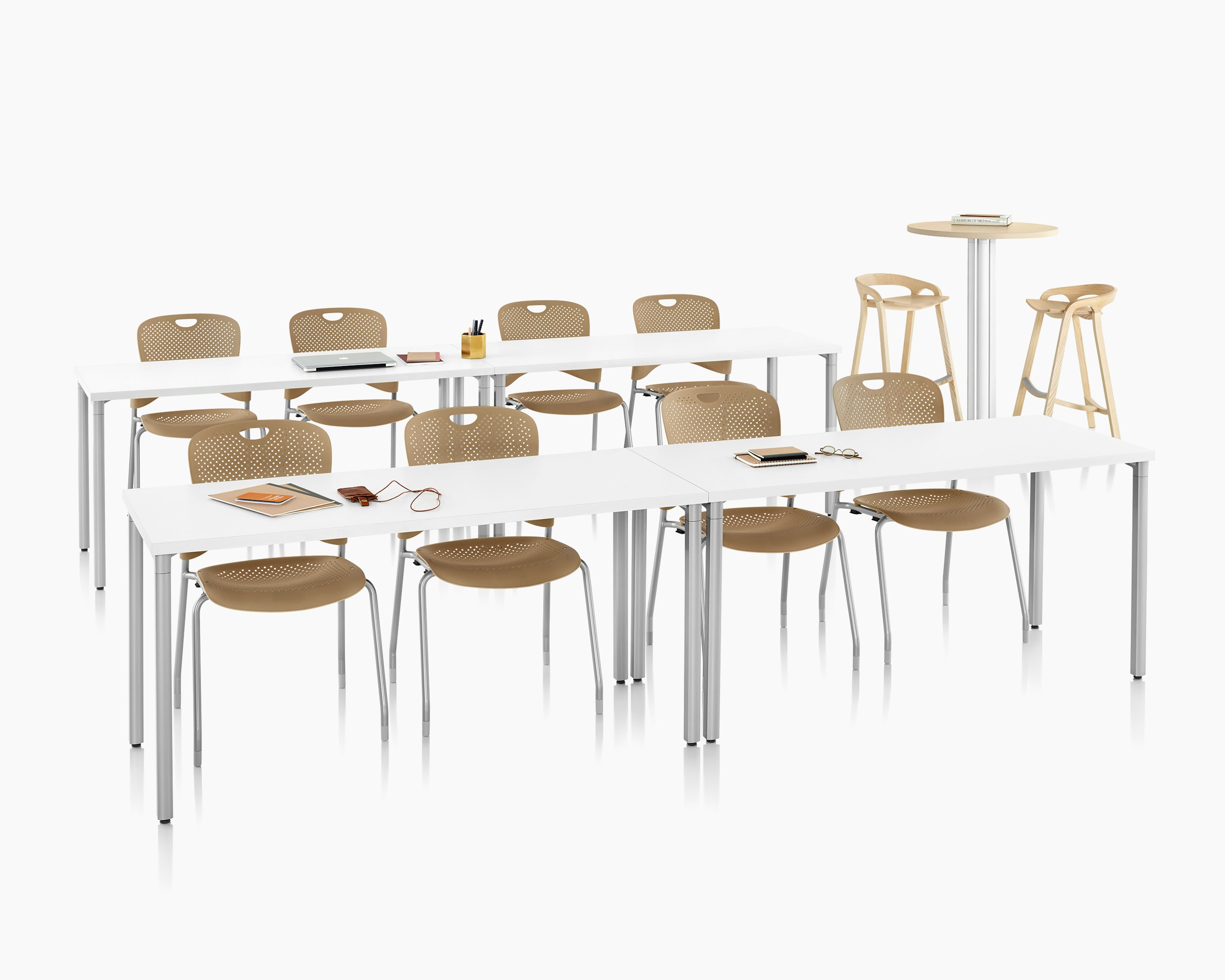 Everywhere Rectangular Tables with Caper Stacking Chairs
