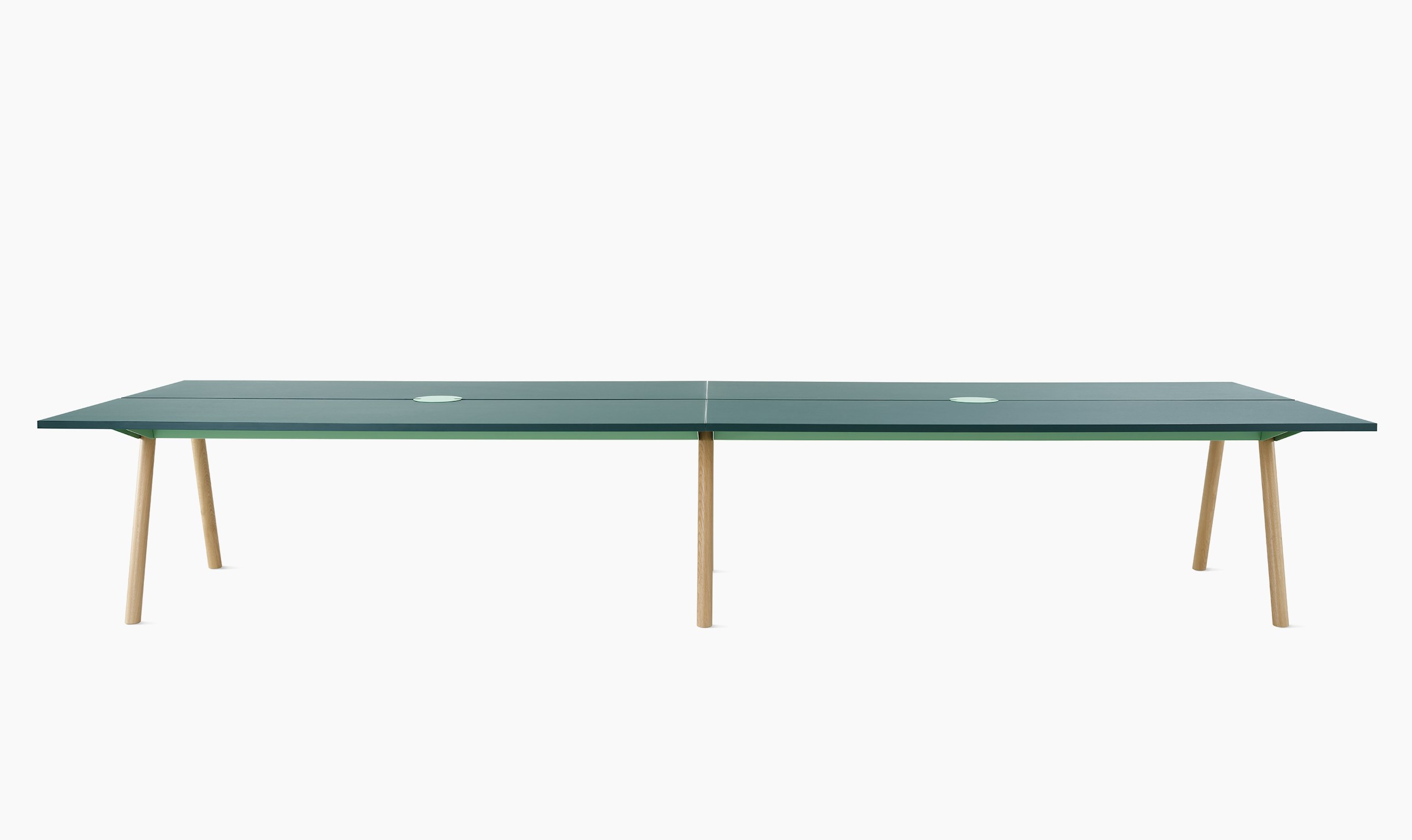 1400X4400 Morse table with dark green forbo top and oak legs.
