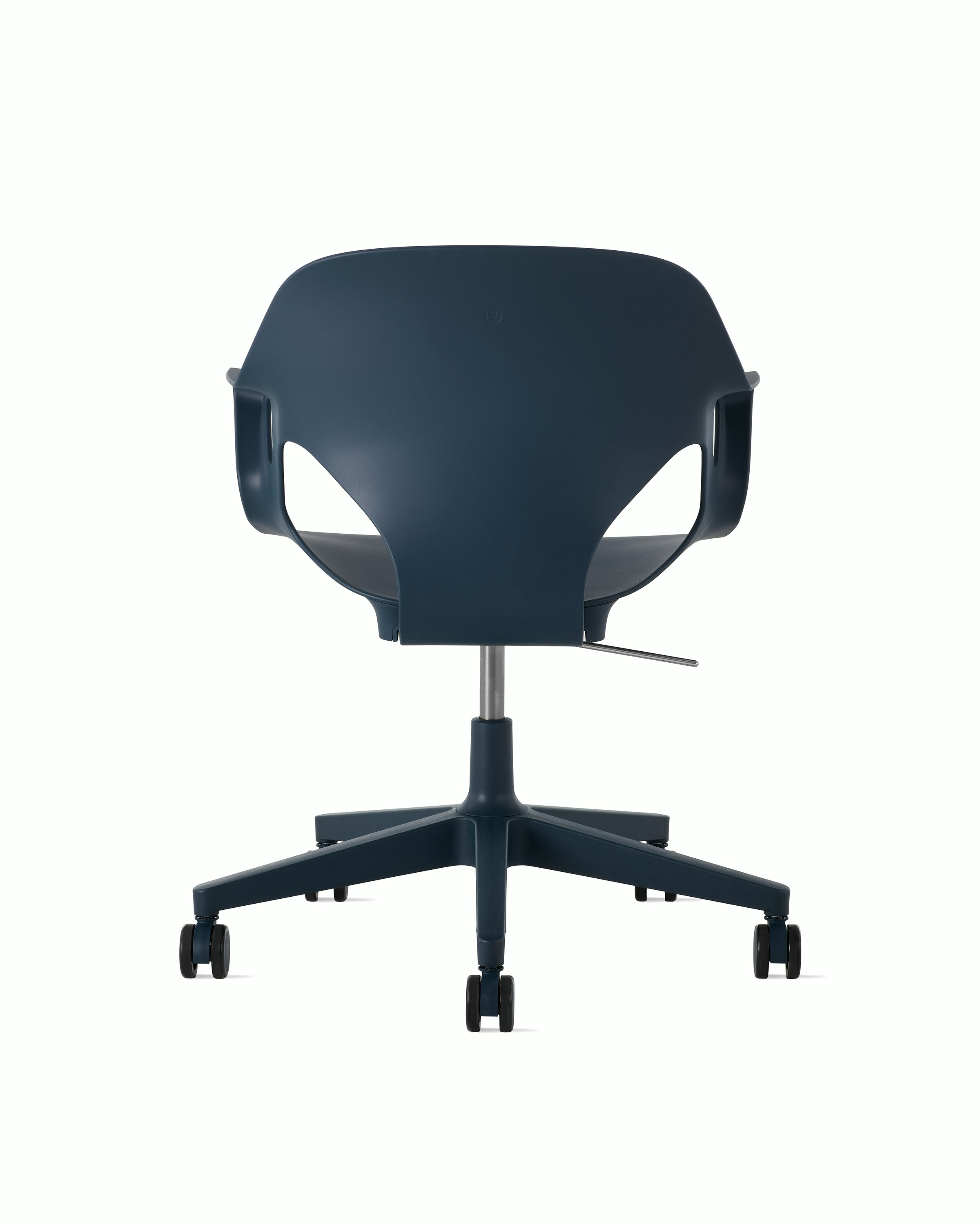 Rear  view of a Zeph chair with fixed arms in dark blue.