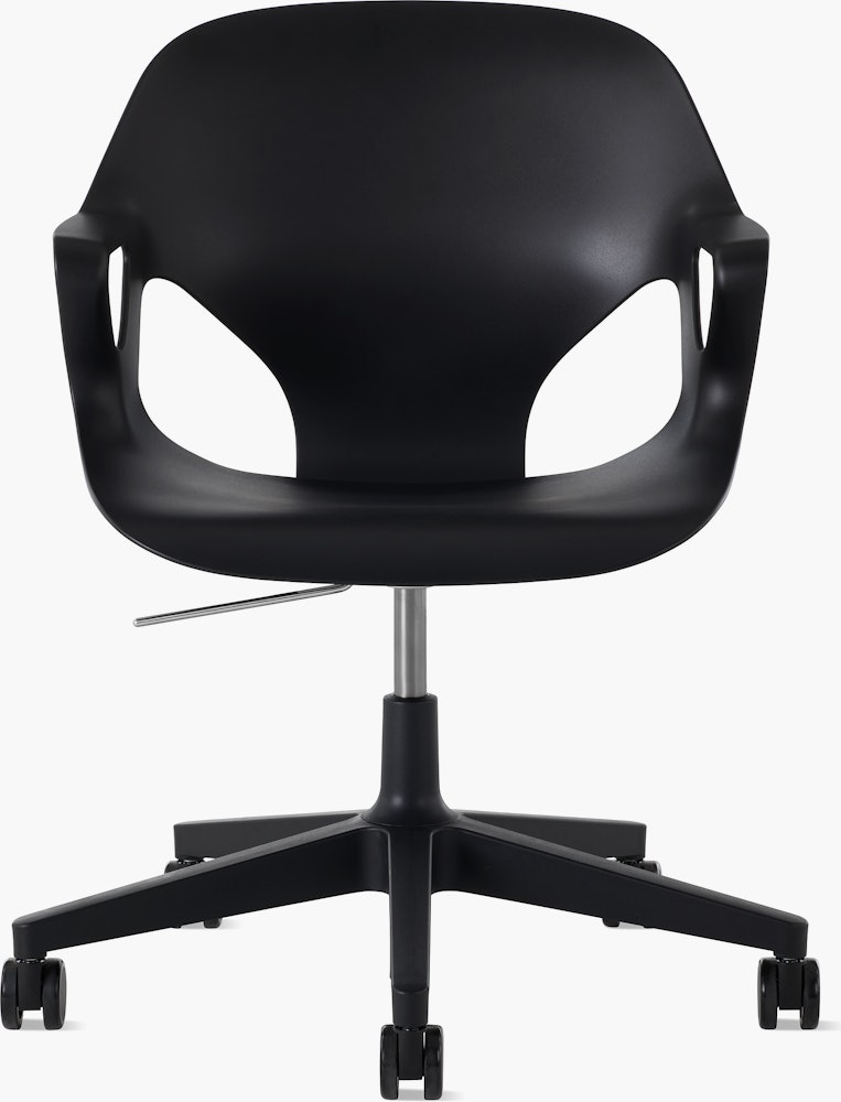 Front view of a Zeph chair with fixed arms in black.