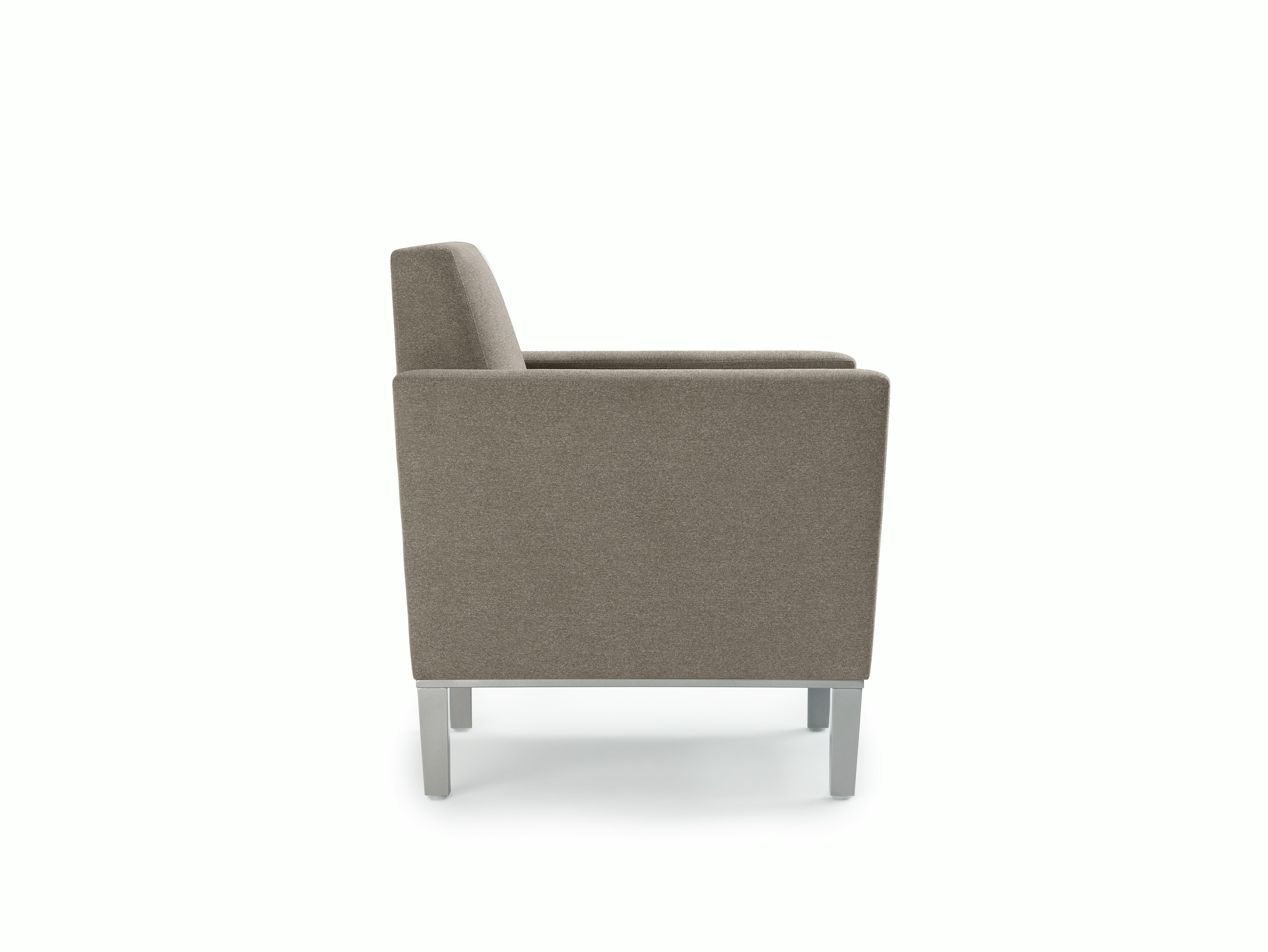 Side view of a Brava Platform Lounge System chair with upholstered arms with metal base.