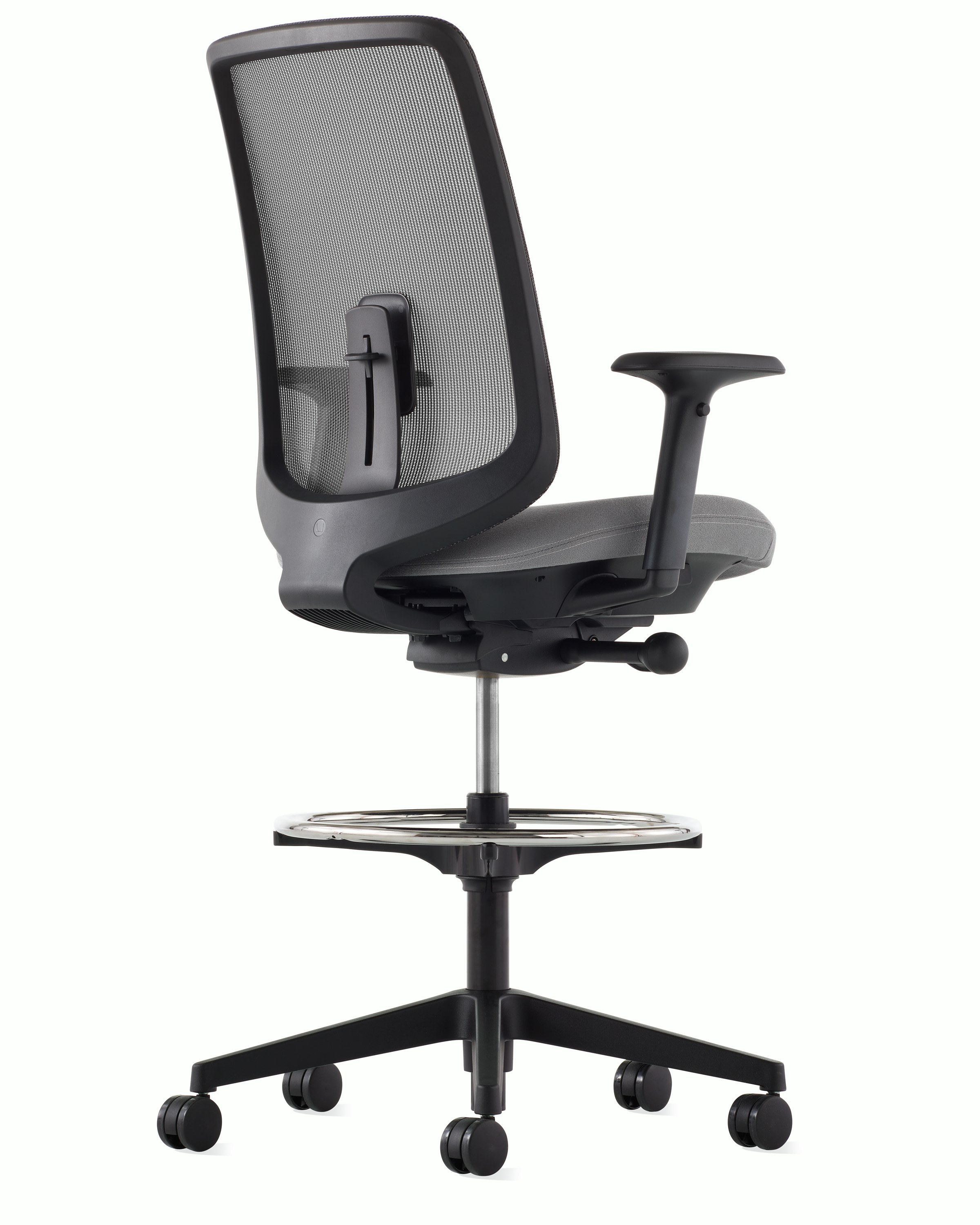 A black Verus Stool with a suspension back, grey seat and black frame viewed at an angle.