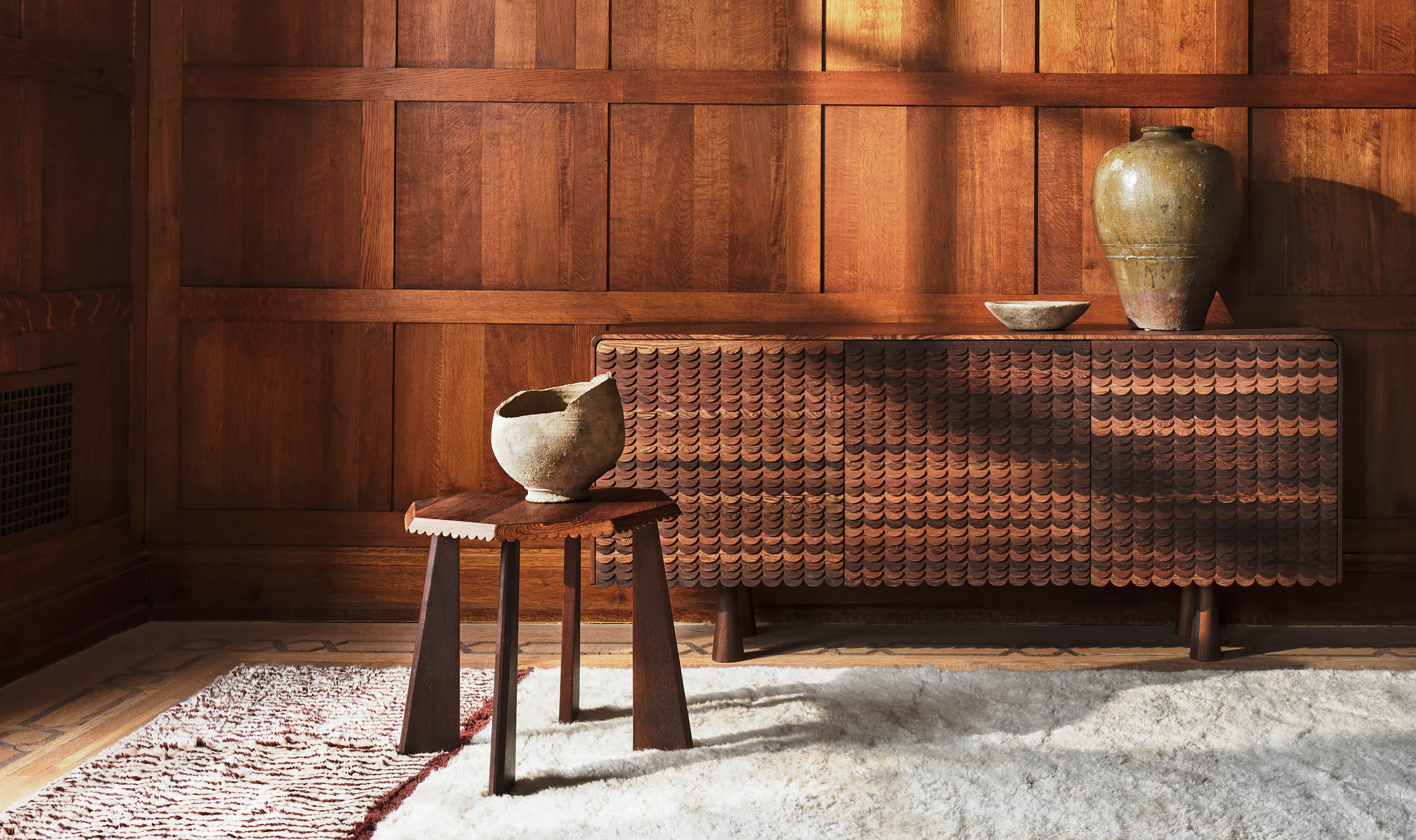 Lesire Credenza and Side Table in Panga Panga Wood