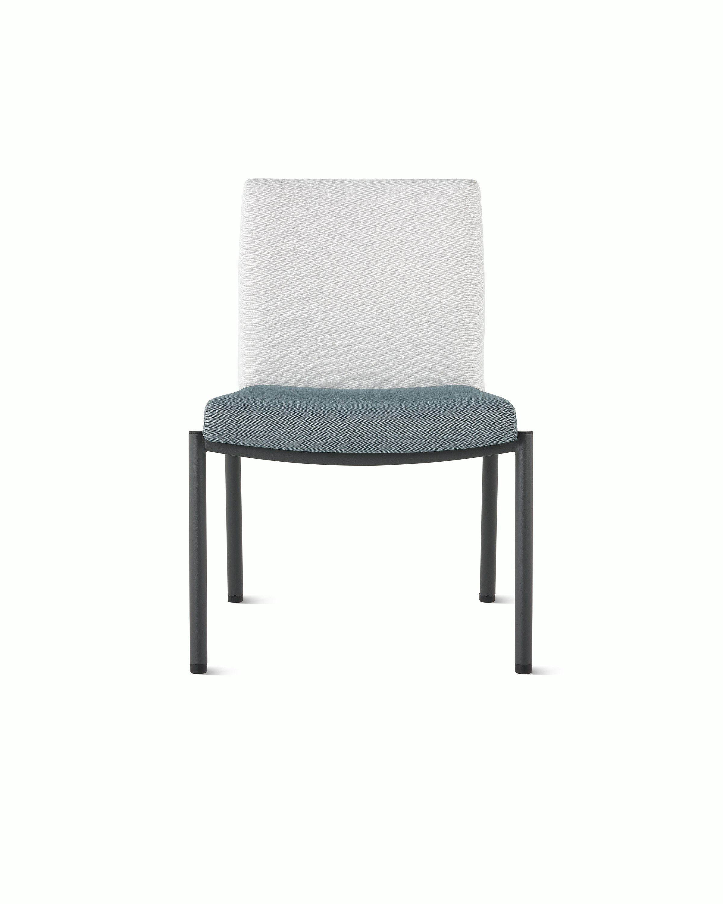 Front view of a Valor Stacking Chair without arms in a white back upholstery and a blue seat upholstery and black frame on white sweep.