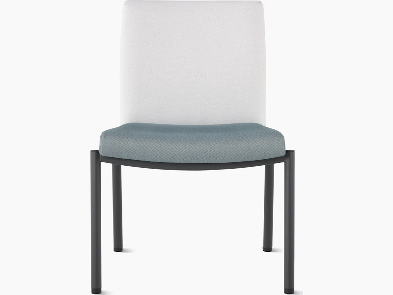 Front view of a Valor Stacking Chair without arms in a white back upholstery and a blue seat upholstery and black frame on white sweep.