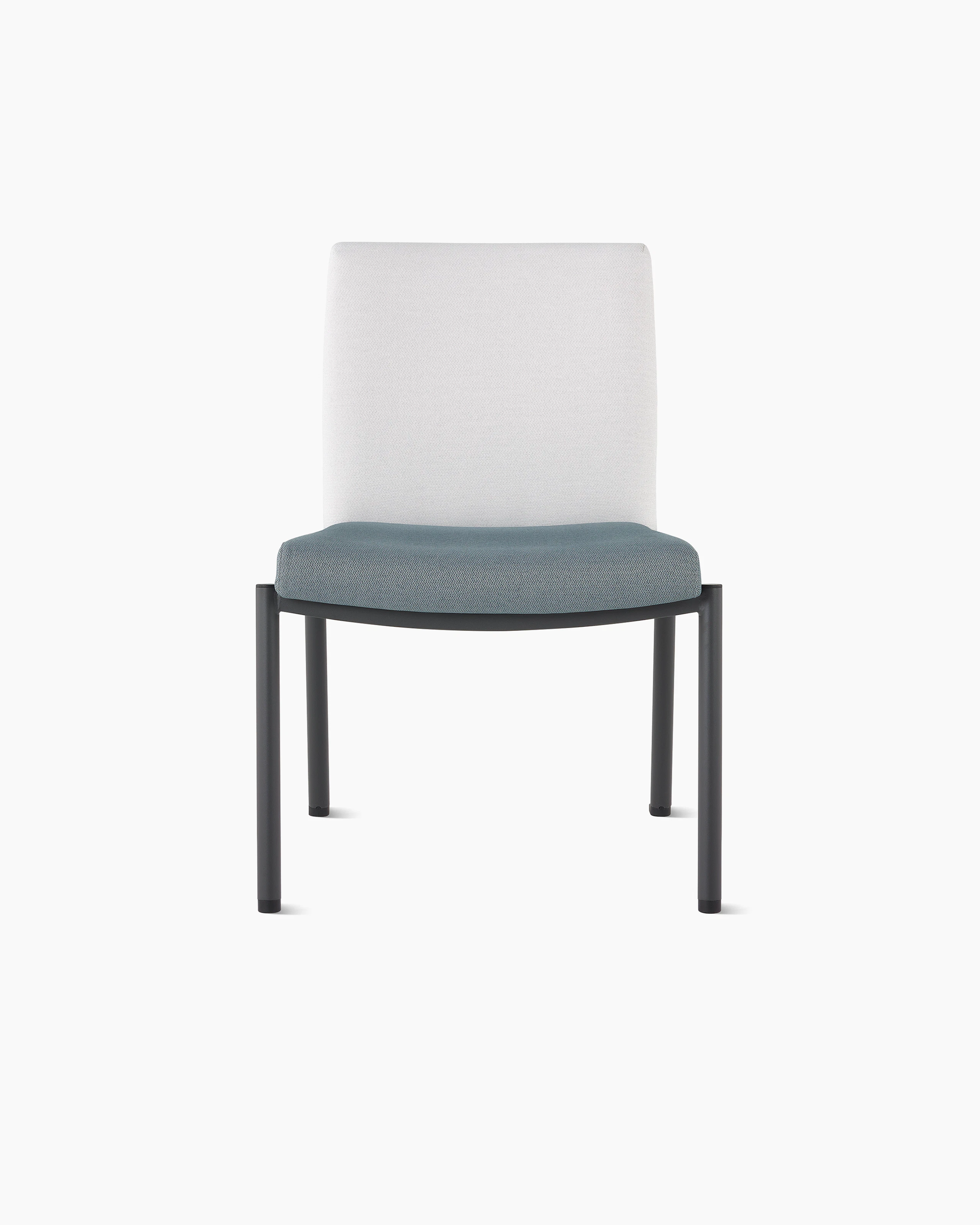 Front view of a Valor Stacking Chair without arms in a white back upholstery and a blue seat upholstery and black frame on white sweep.