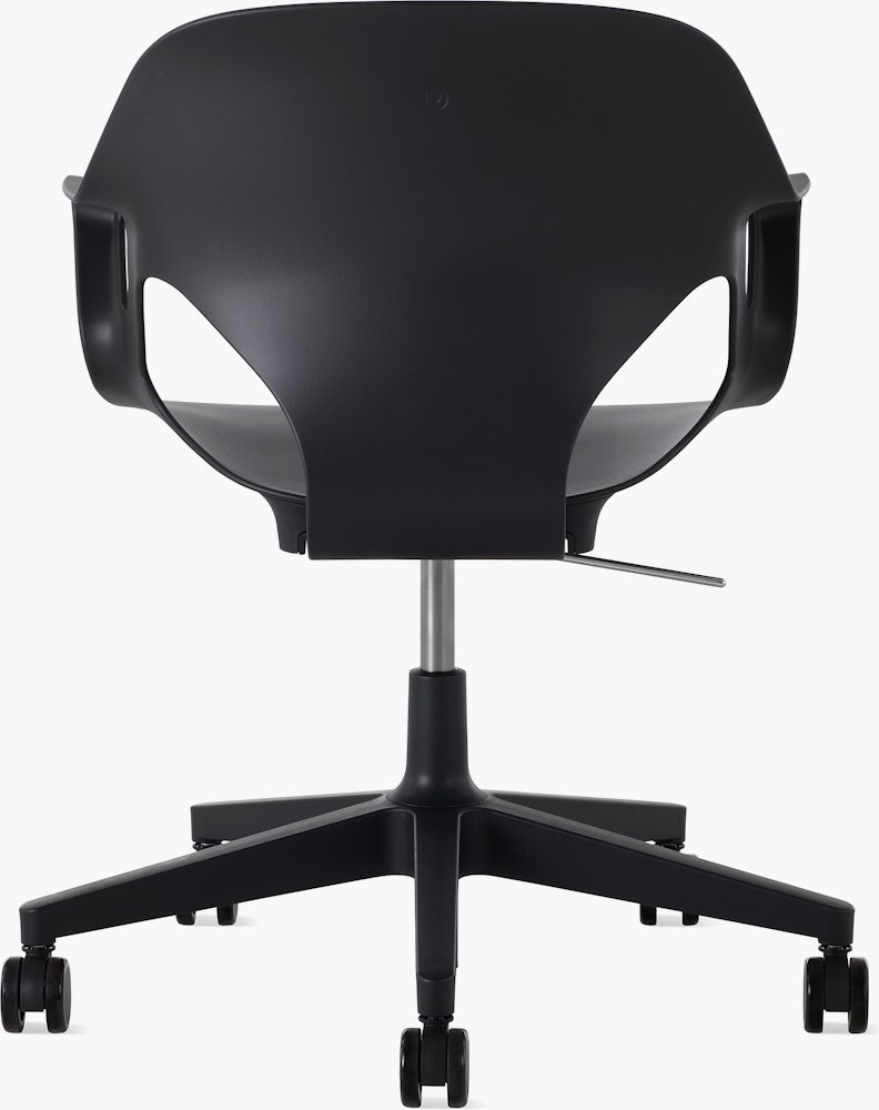 Rear view of a Zeph chair with fixed arms in black.