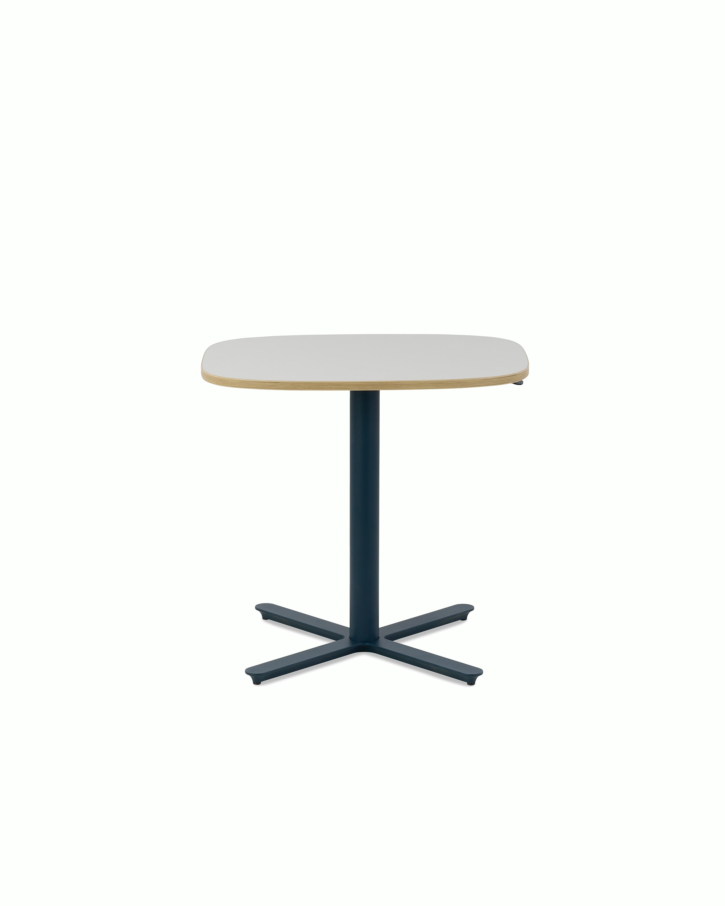 Large Passport Work Table with white surface, plywood edge and blue base on glides.