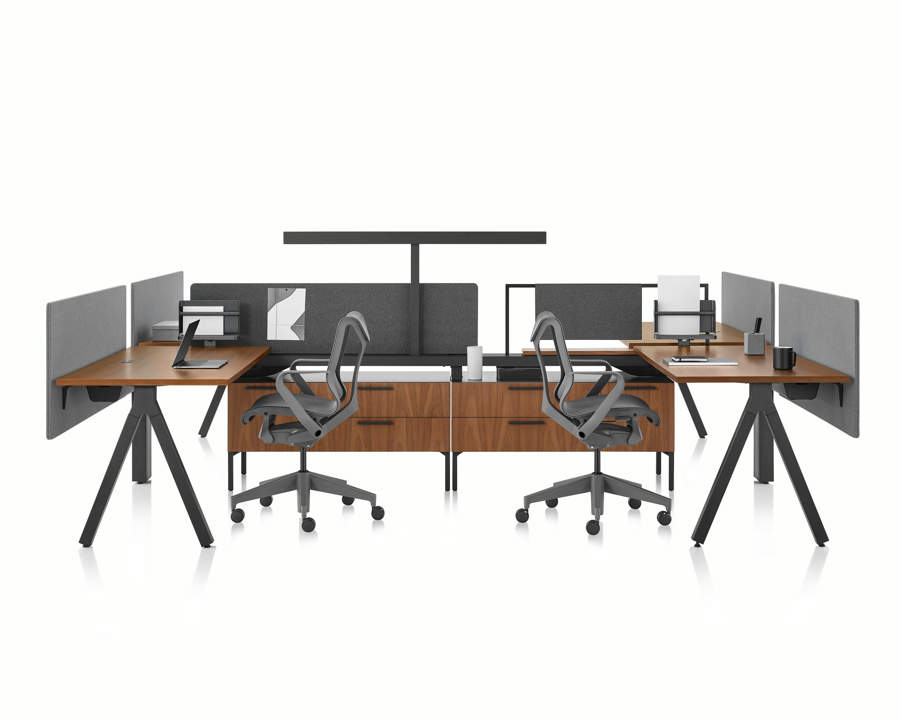 Brown and black Canvas Vista workstations with dark gray fabric screens, black t-shaped light and light gray Cosm chairs.