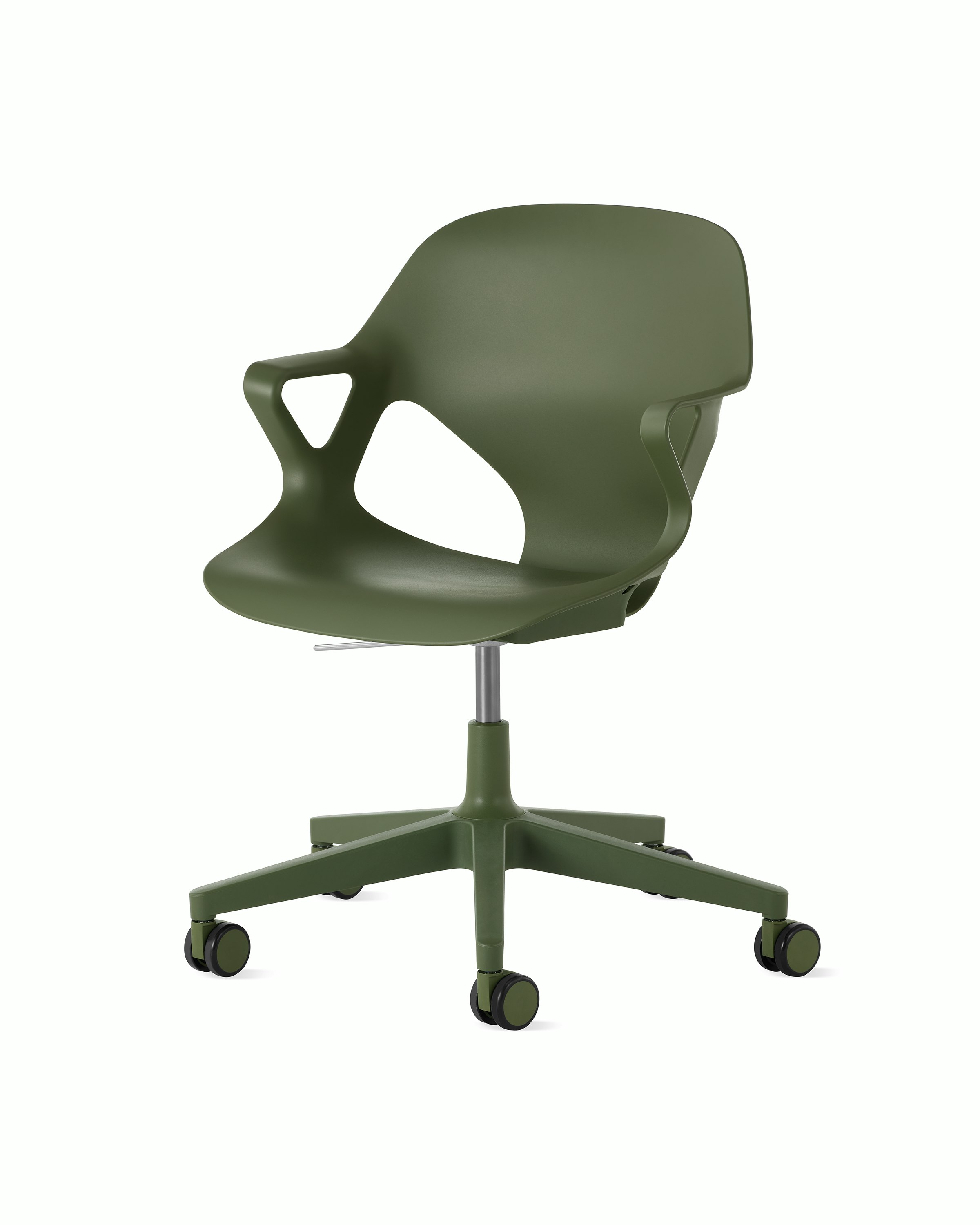 Front  angle view of a Zeph chair with fixed arms in olive.
