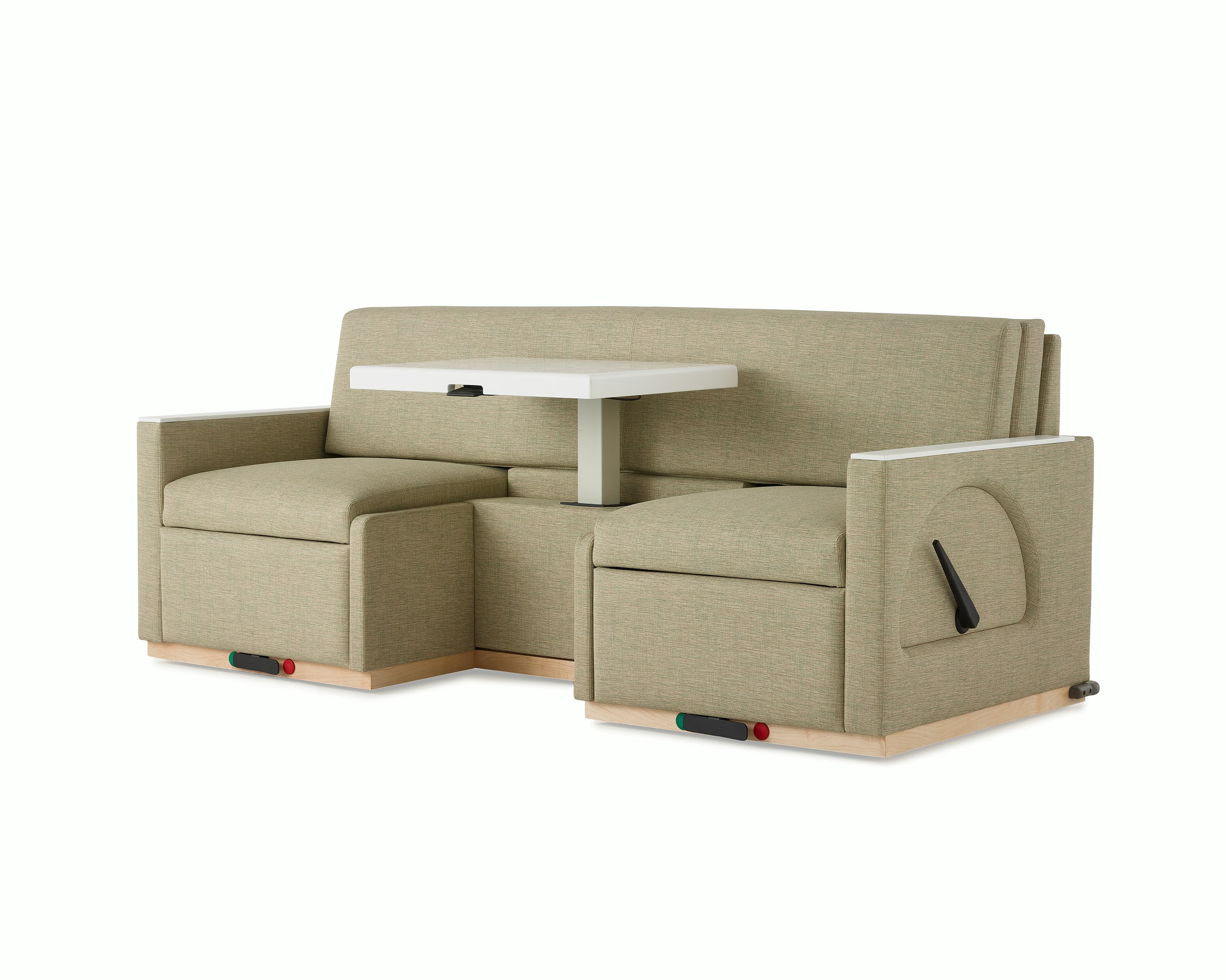 Angled view of Nemschoff Merge 2 Flop Sofa in a beige upholstery with a white center table in the up position and a natural maple base.