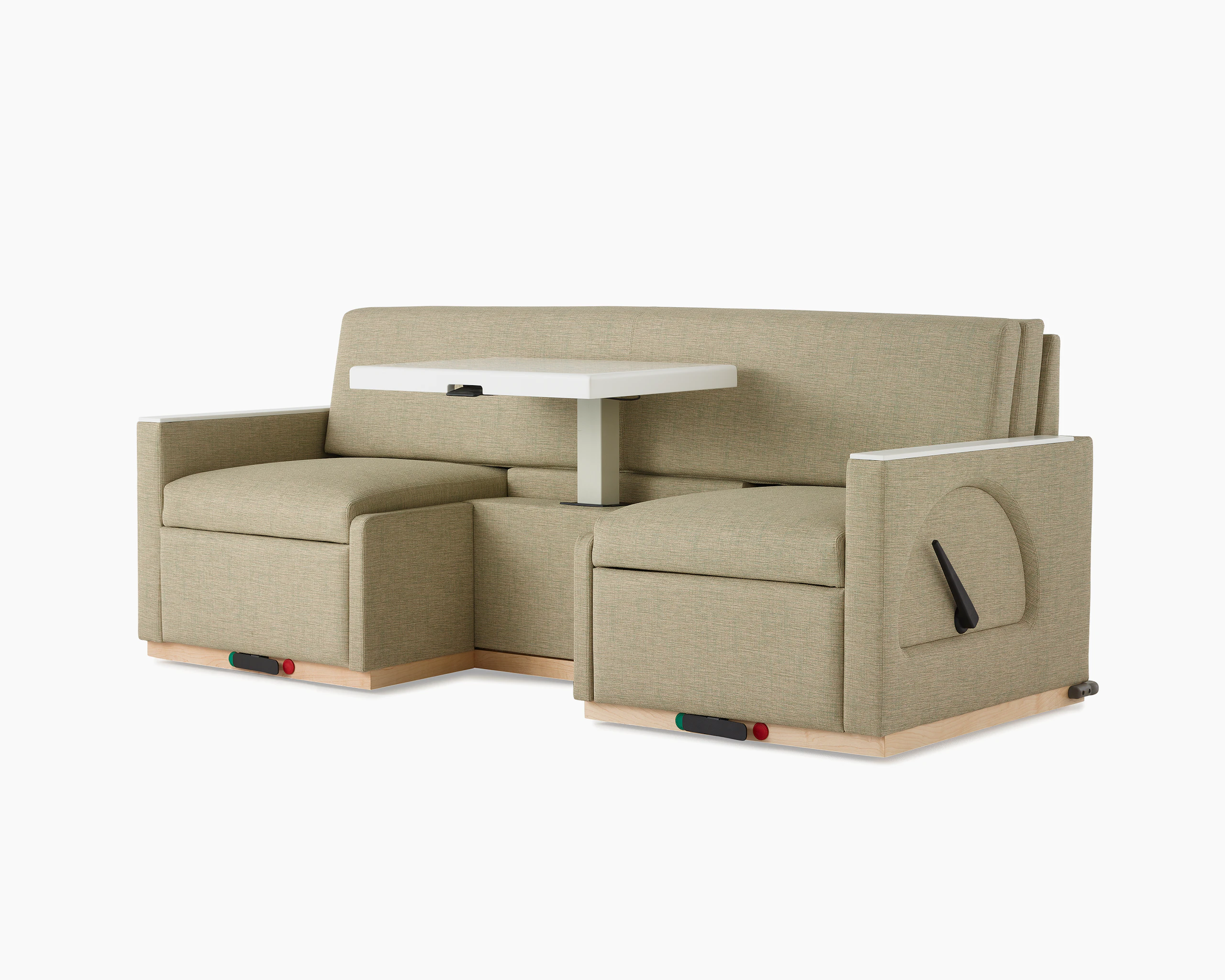 Angled view of Nemschoff Merge 2 Flop Sofa in a beige upholstery with a white center table in the up position and a natural maple base.