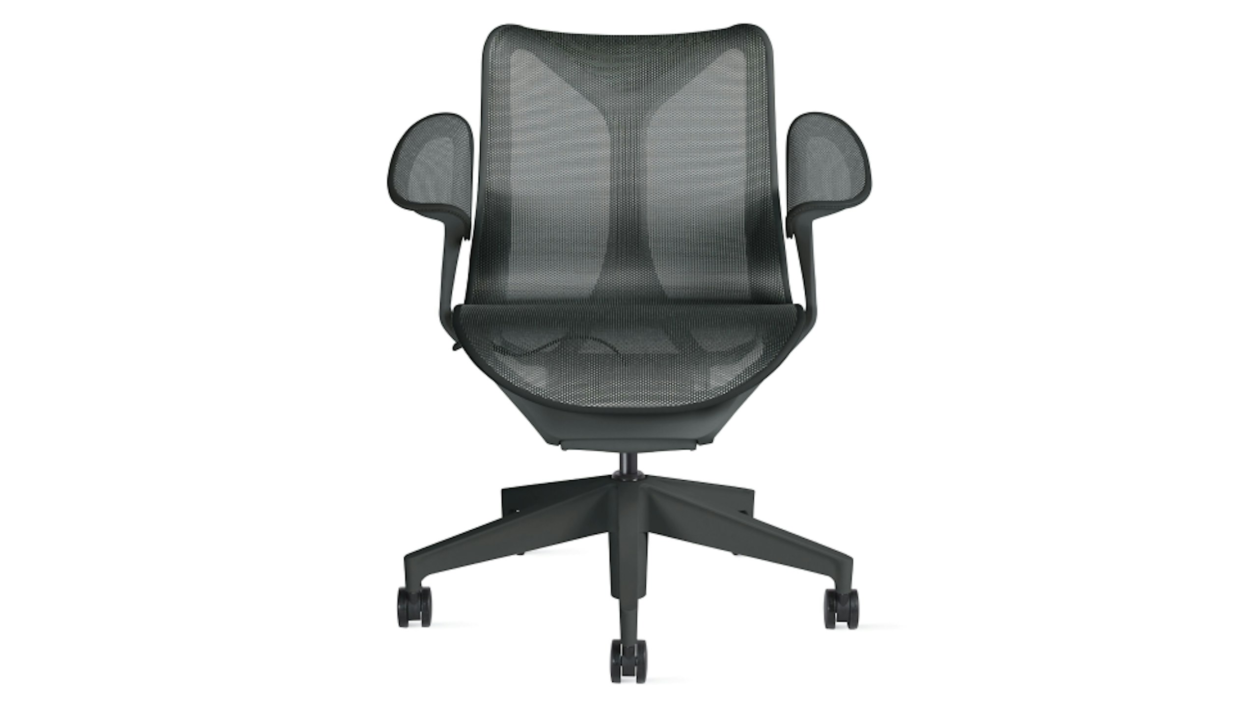 A front-facing black Herman Miller Cosm Chair on a white background