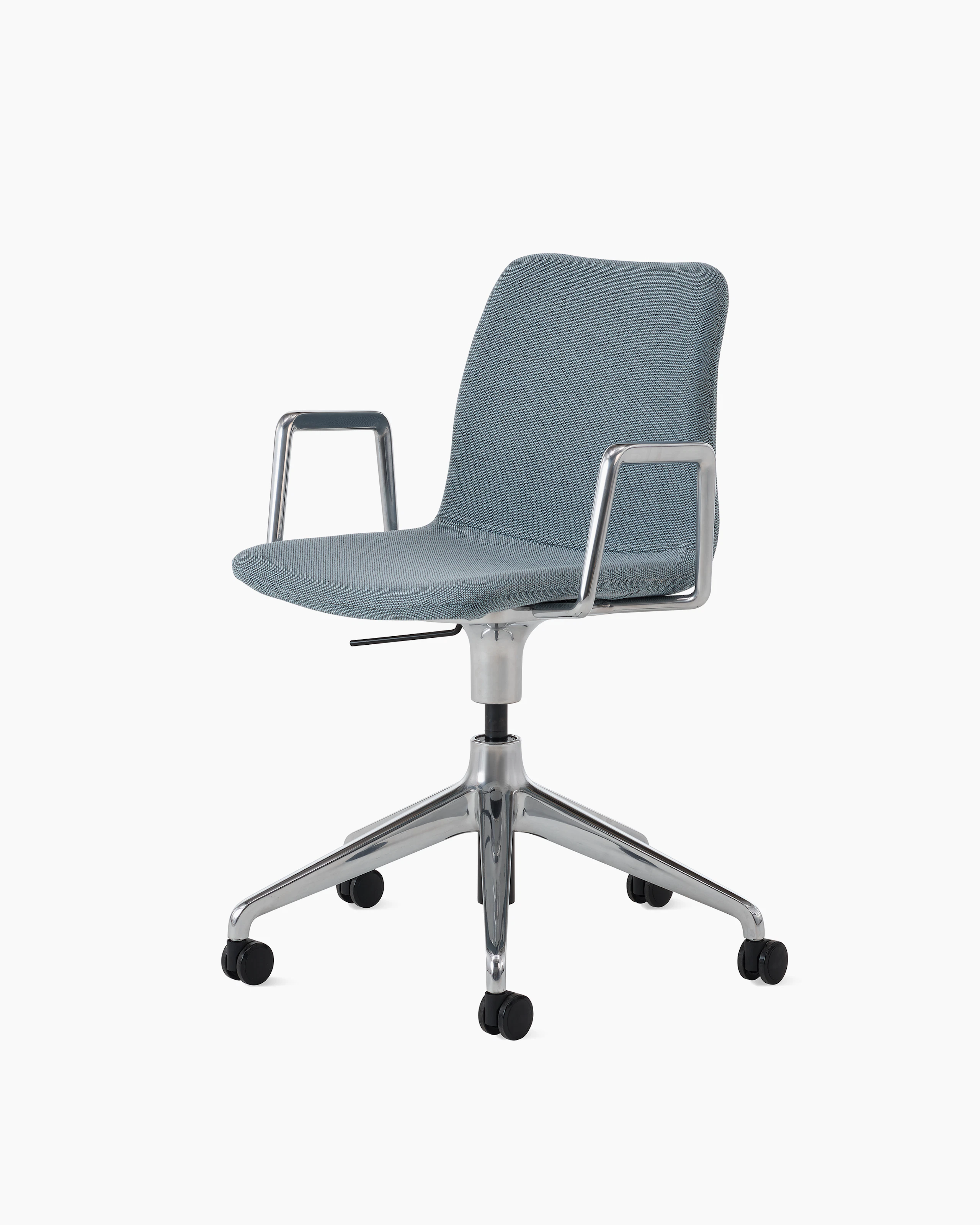 White sweep of Viv chair with light blue fabric and 5 star polished aluminium base with castors