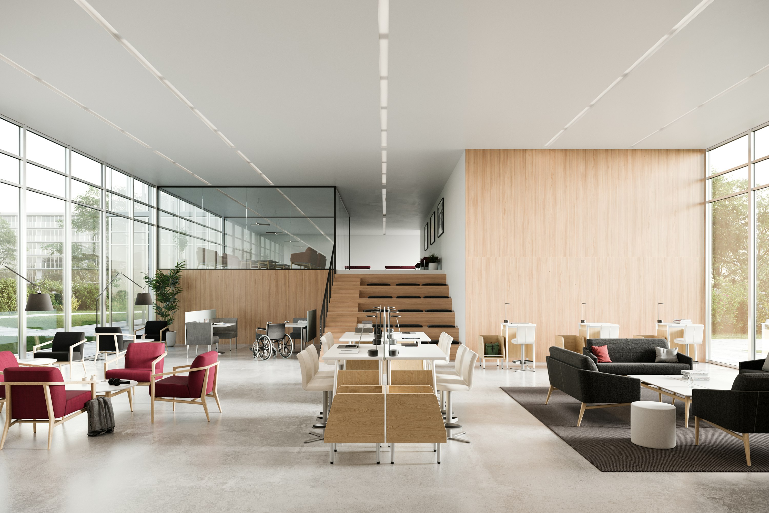 A lobby waiting area featuring groupings of Nemschoff Palisade Collection.