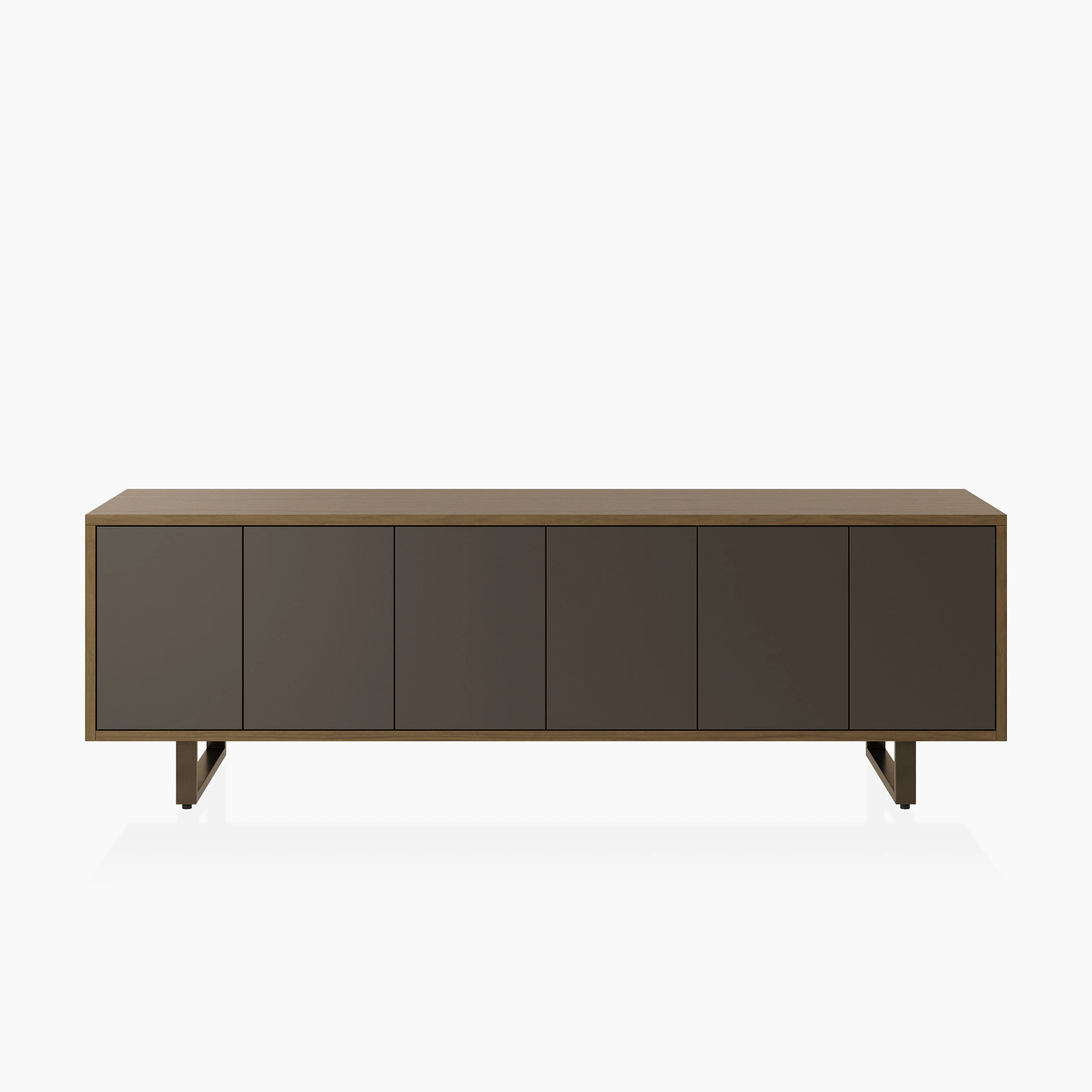 Highline Twenty Five Credenza in Natural Flat Cut Walnut with Grey painted front and Oil Rubbed Bronze base viewed from the front.